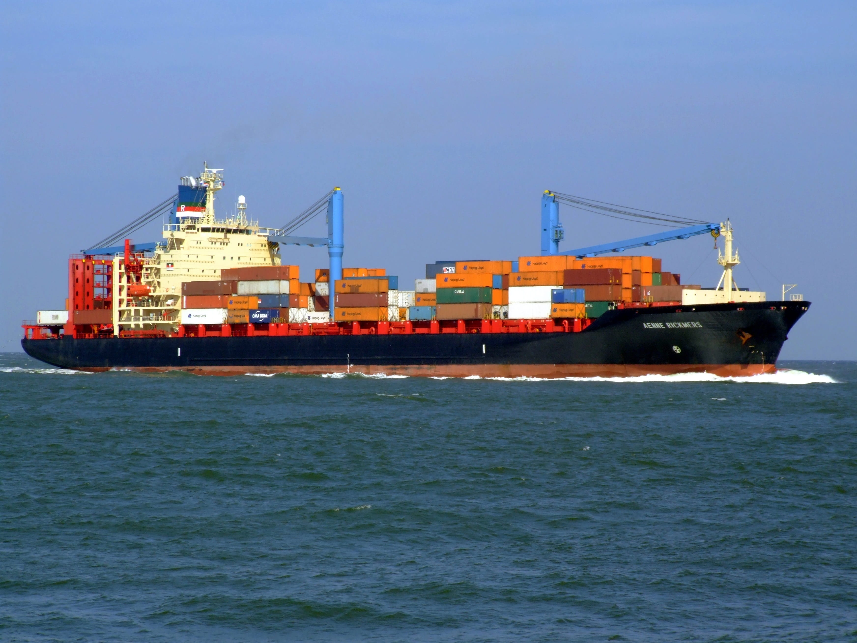 logistics, container, freight transportation, cargo ship, white cargo, cargo, waterfront, aenne rickmers, vans, blue, ship, white, water, freight, sky, HD Wallpaper