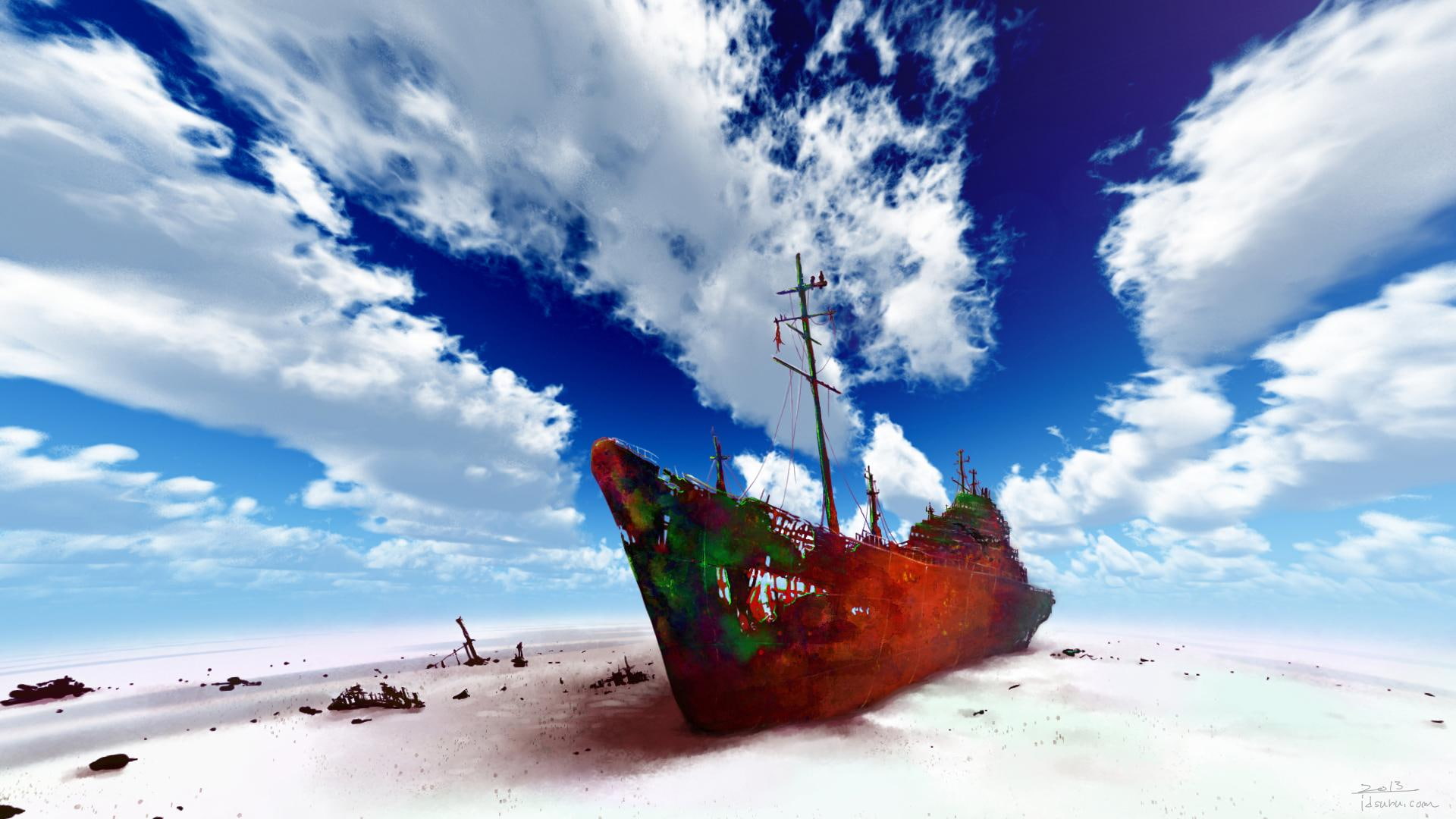 1080P, cant-think-of-a-fourth, clouds, sand, rust, beach, shipwreck, vast, HD Wallpaper