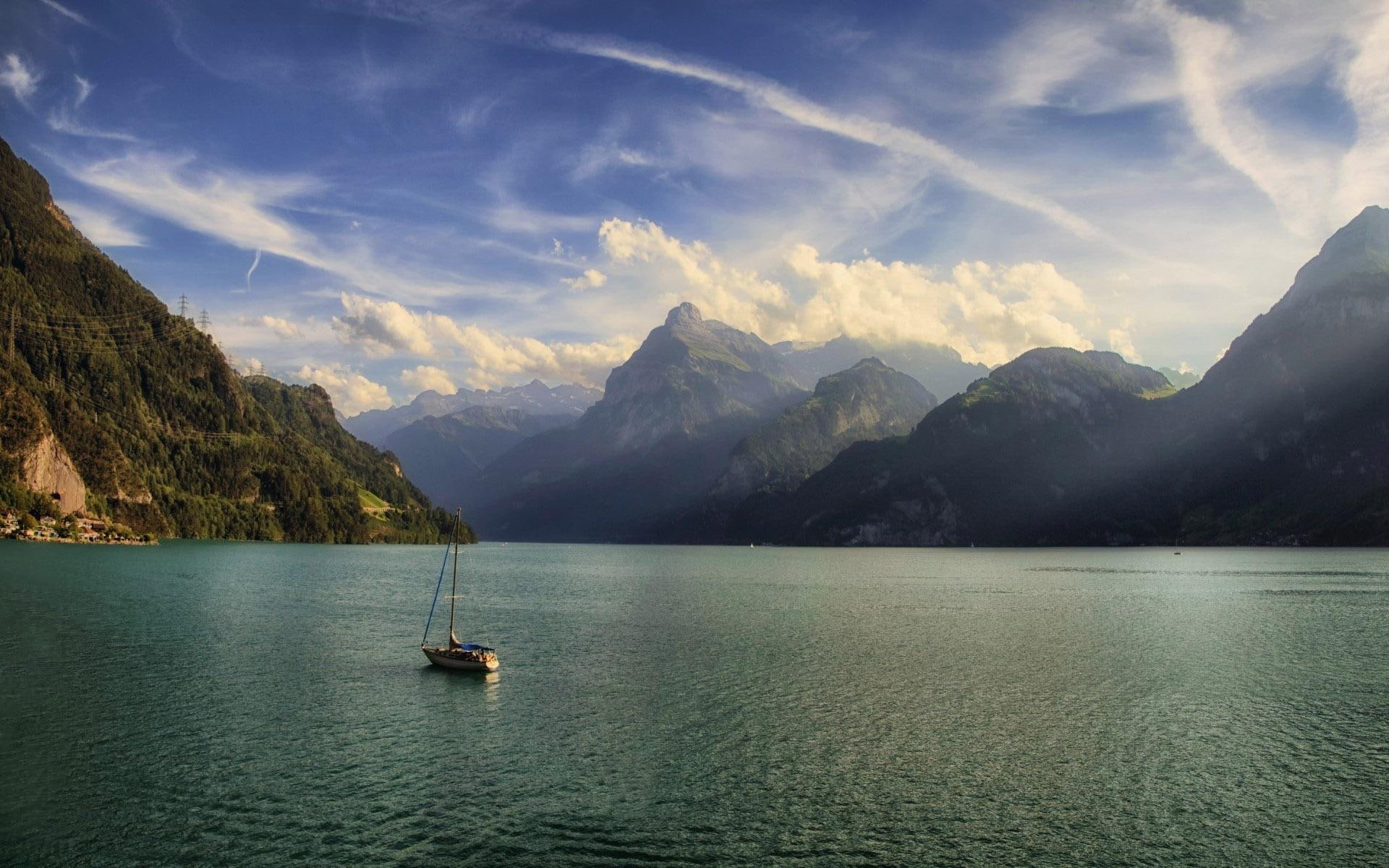 river, vast, cloud, 1920x1200, boat, nature, brown, 1080P, mountain, HD Wallpaper