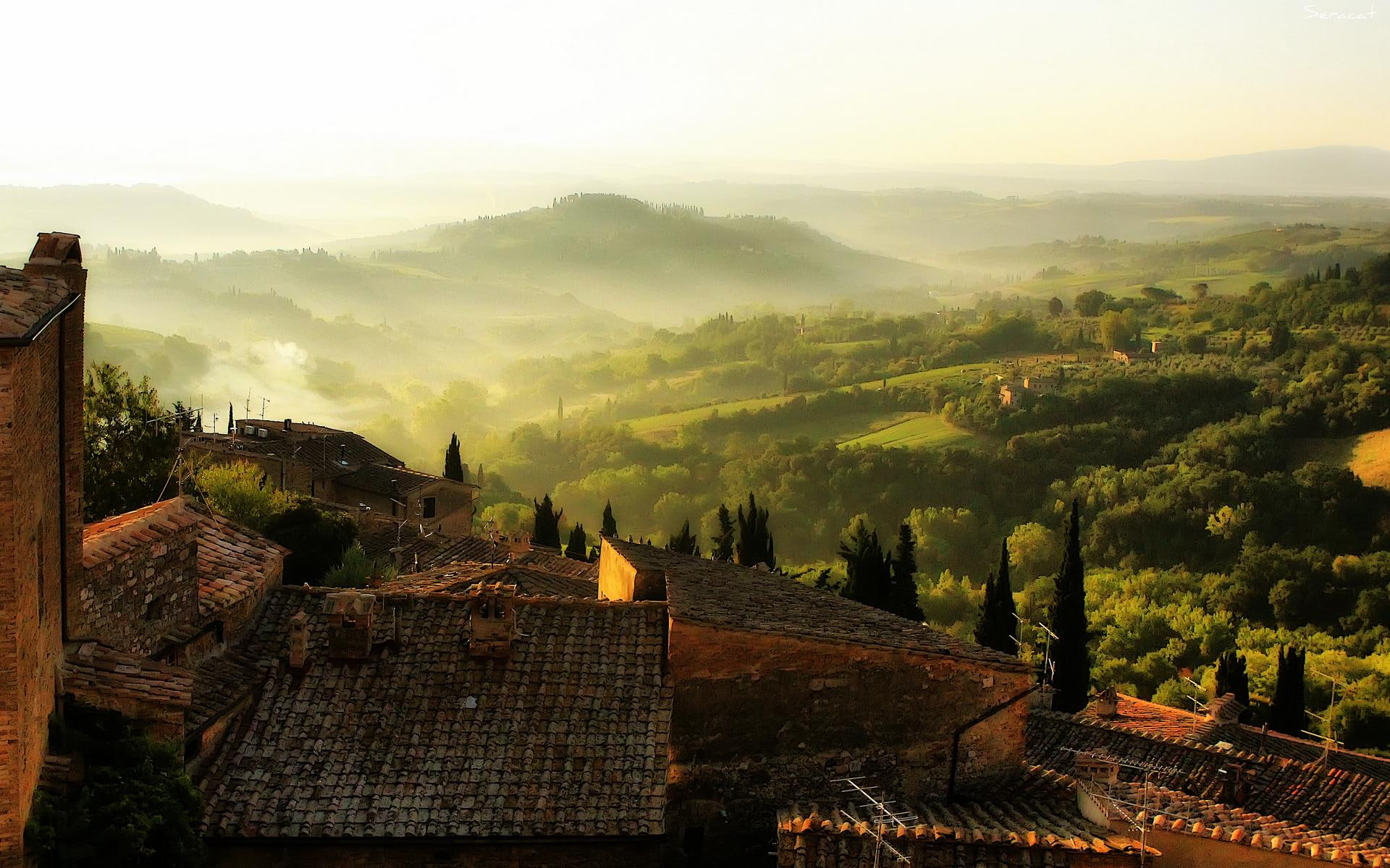 rustic, 3d and abstract, sprawling, beautiful, misty, wine country, tuscany, vast, 1080P, HD Wallpaper