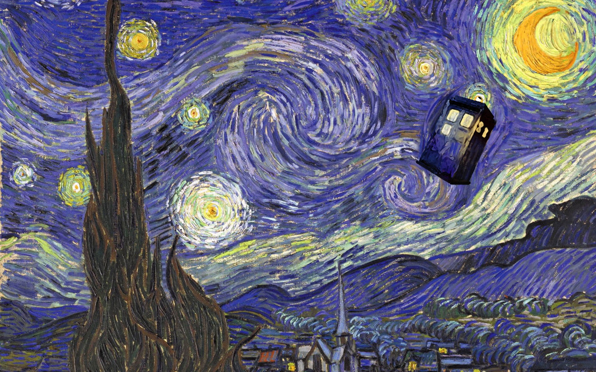 TARDIS, Vincent van Gogh, Doctor Who, 1080P, HD Wallpaper