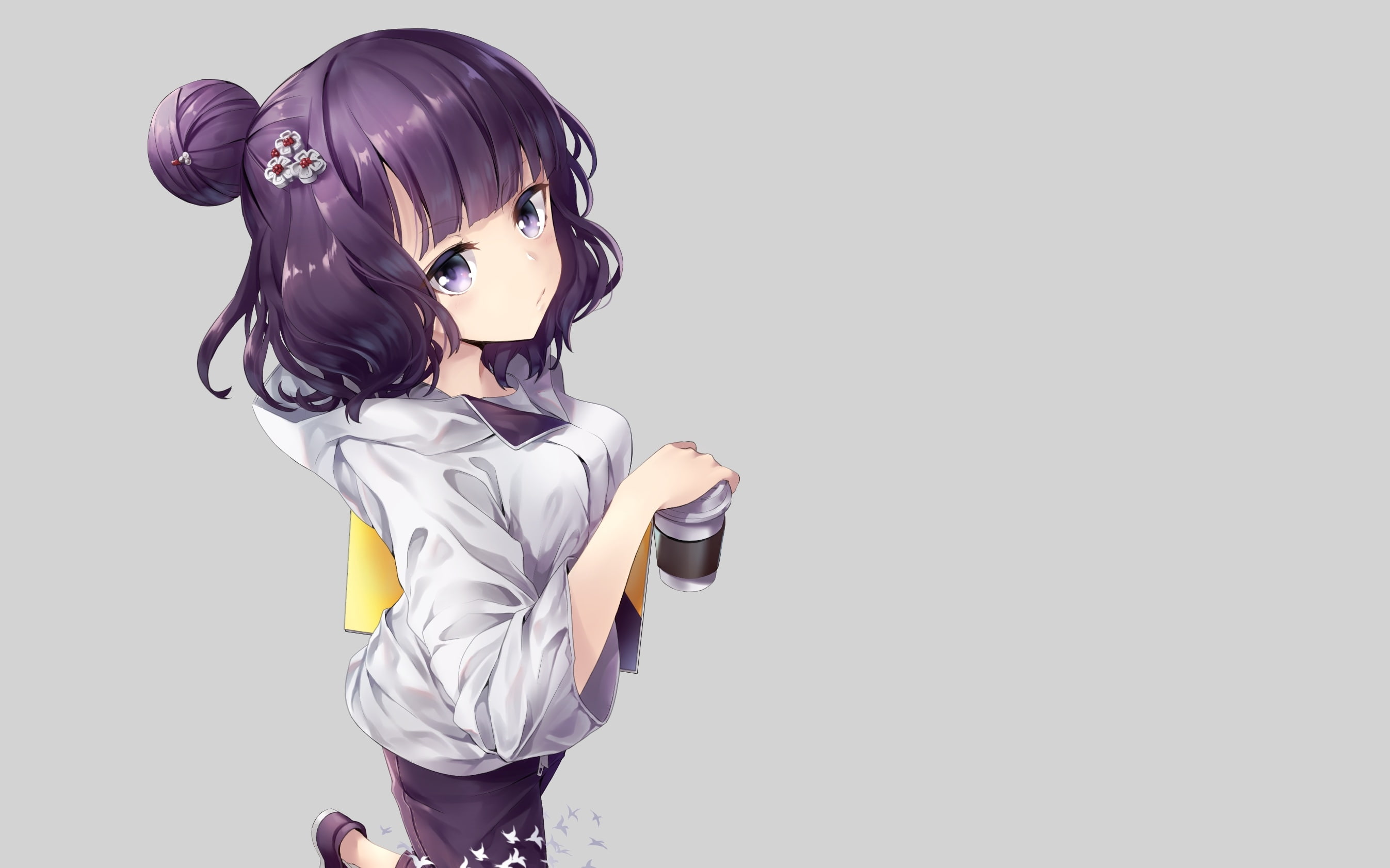 white background, standing, listening, one person, casual clothing, women, hairstyle, hair, purple hair, fashion, females, child, fate grand order, Anime, HD Wallpaper