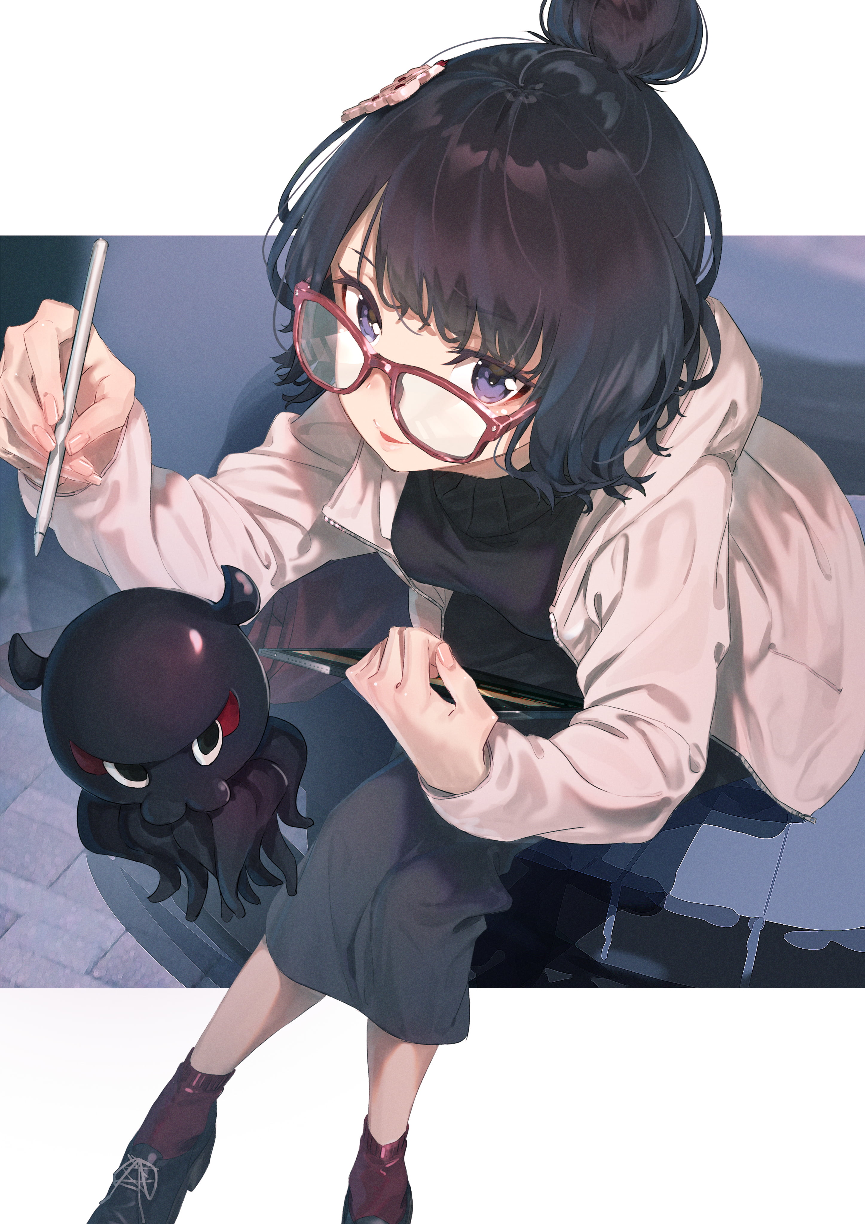 anime girls, 4K, Katsushika Hokusai (Fate/Grand Order), anime, dark hair, Fate/Grand Order, glasses, Fate Series, Phone HD Wallpaper