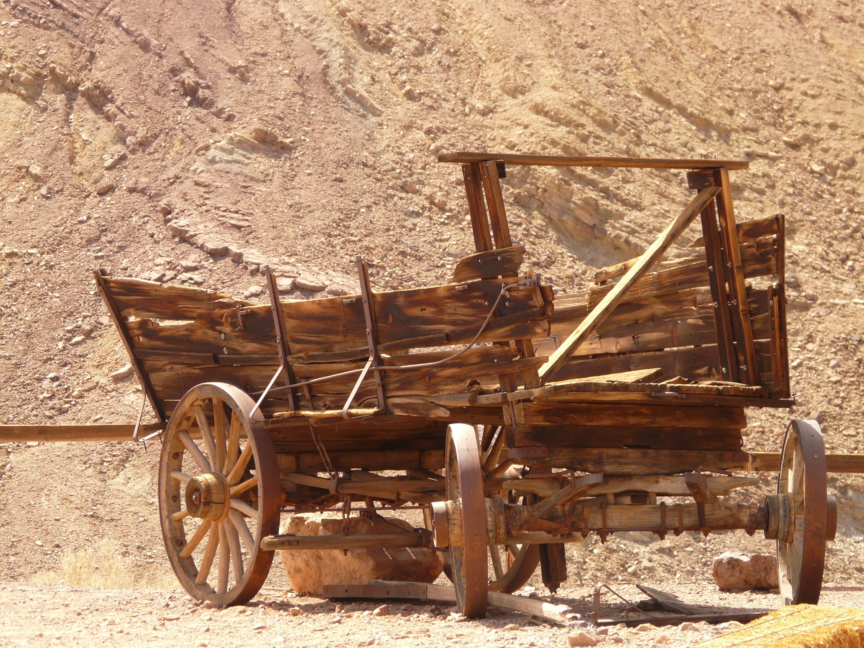 outdoors, silver mining, california, abandoned, nature, day, Calico Ghost Town, carriage, spoke, transportation, wooden, sunlight, rural scene, dare, land vehicle, HD Wallpaper