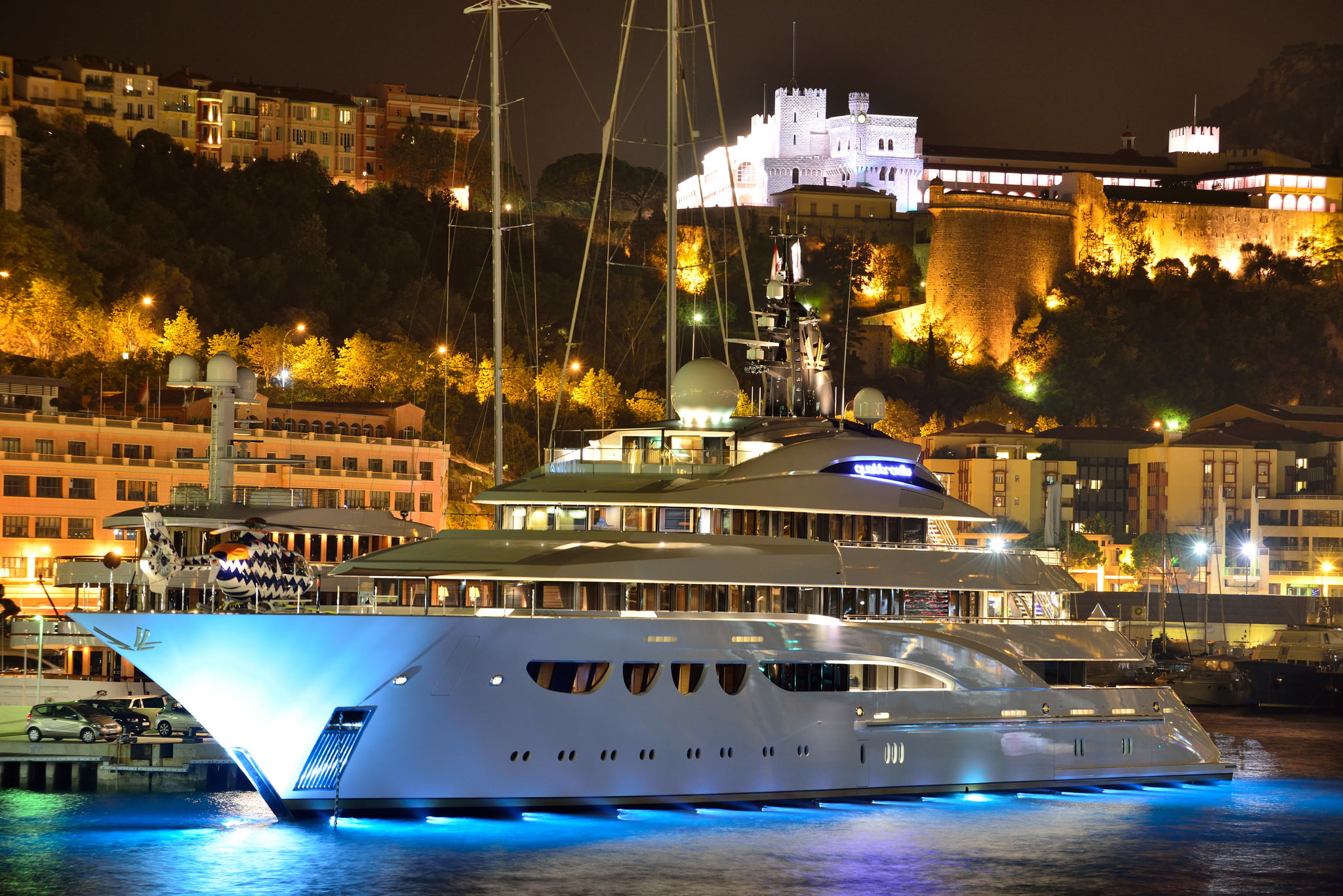 Quattroelle, mountain, Palace, the city, mega yacht, the evening, super yacht, helicopter, home, Mone Carlo, motor yacht, port, 1080P, white, city, Monaco, HD Wallpaper