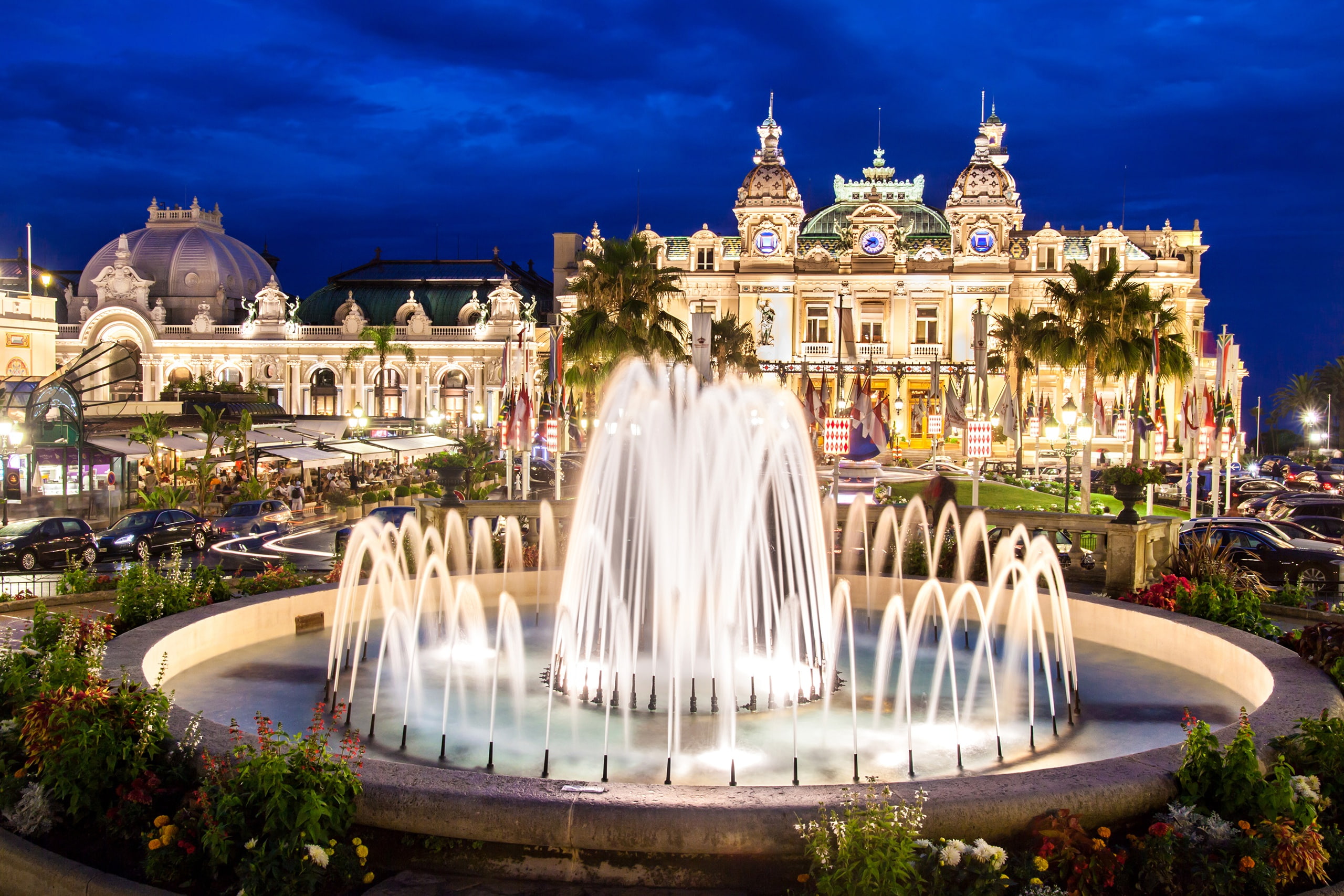 Monaco, Casino, fountain, Monte Carlo, 2K, Palace, night, lights, HD Wallpaper