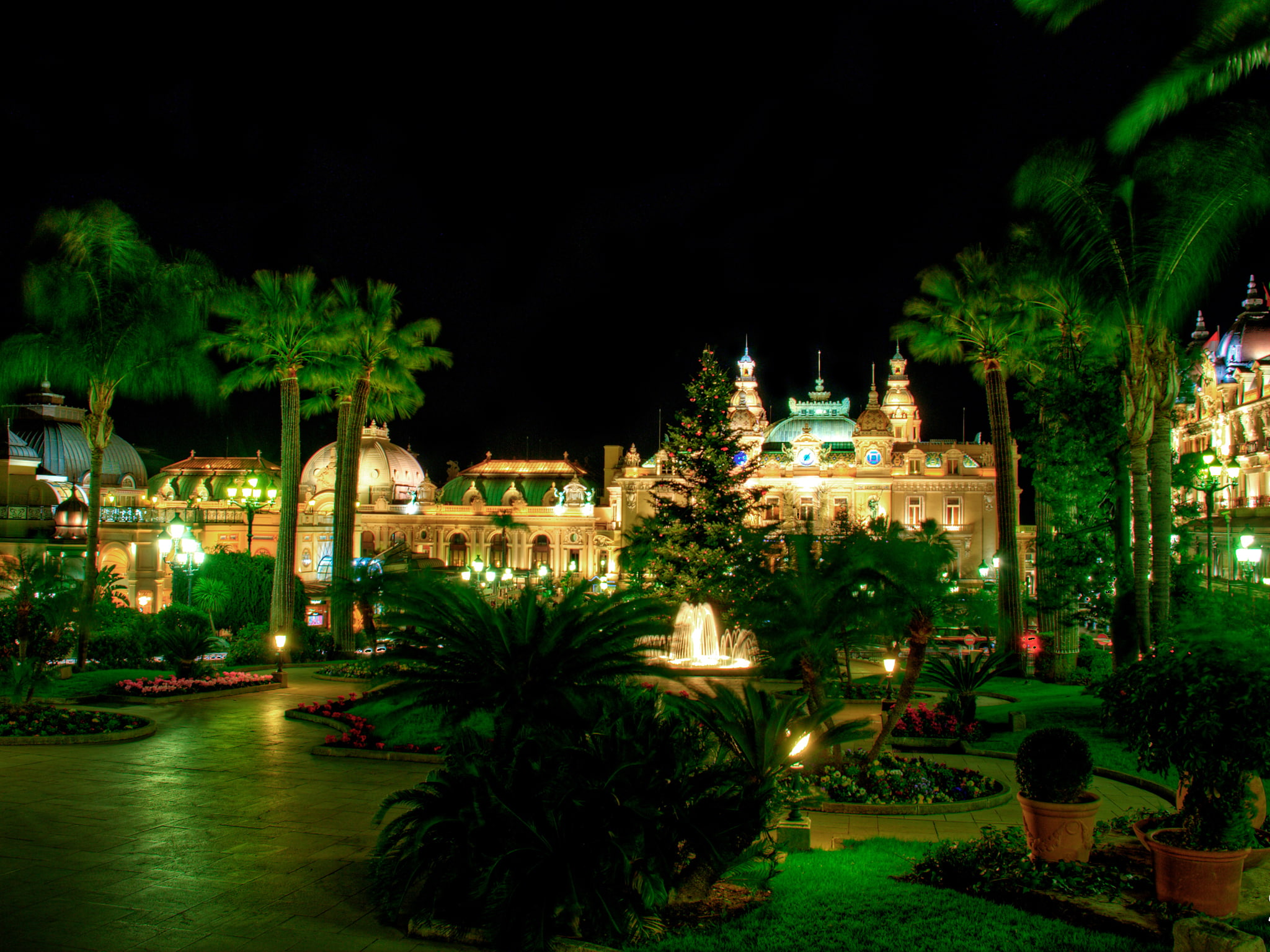 1080P, Monaco, fountain, tree, Palace, lights, flowers, lawn, night, greens, Monte Carlo Casino, track, the bushes, palm trees, garden, design, HD Wallpaper