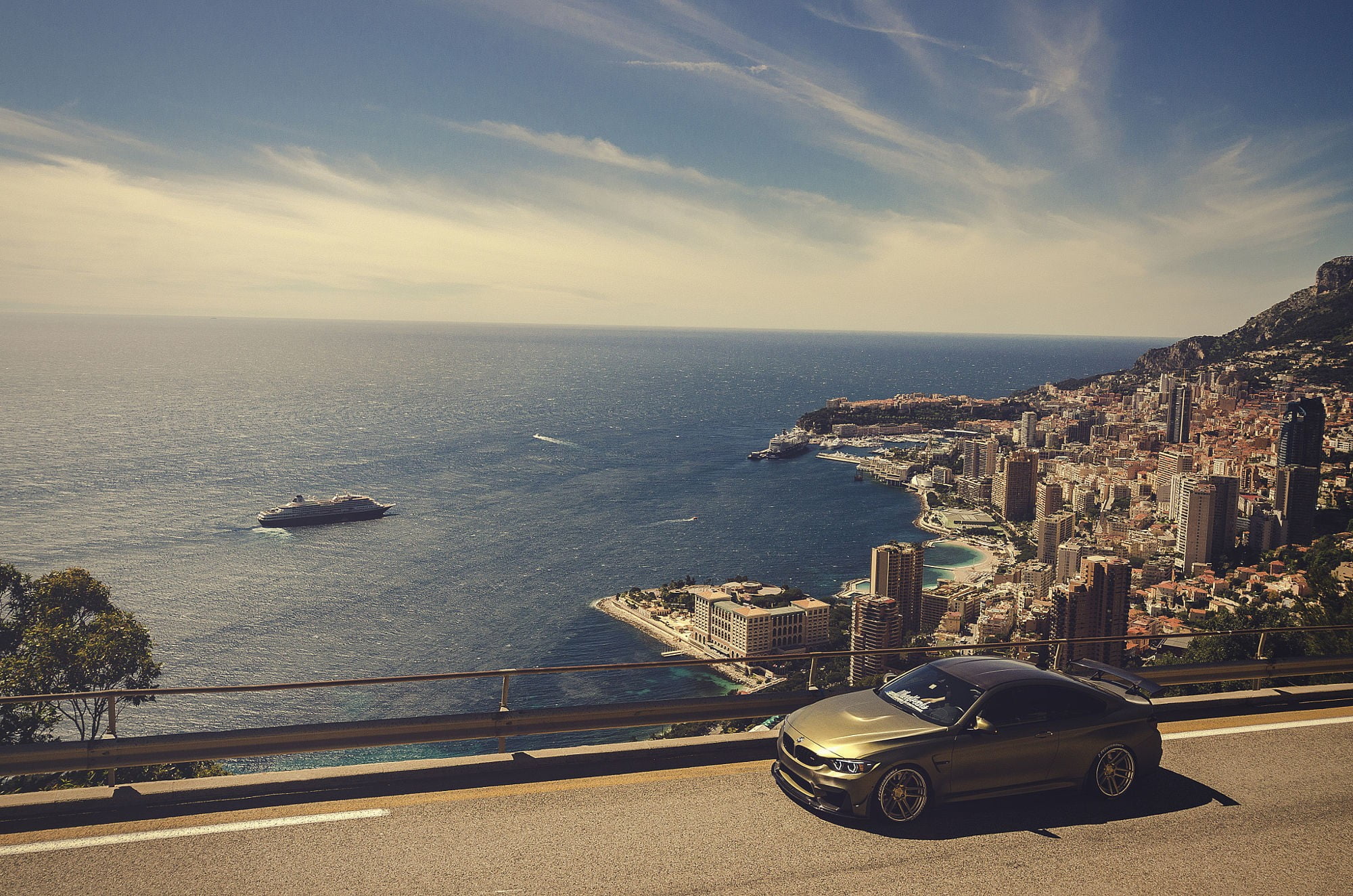 car, horizon, road, mode of transportation, BMW M4, architecture, Monaco, BMW, sea, nature, clouds, building exterior, transportation, 1080P, built structure, HD Wallpaper