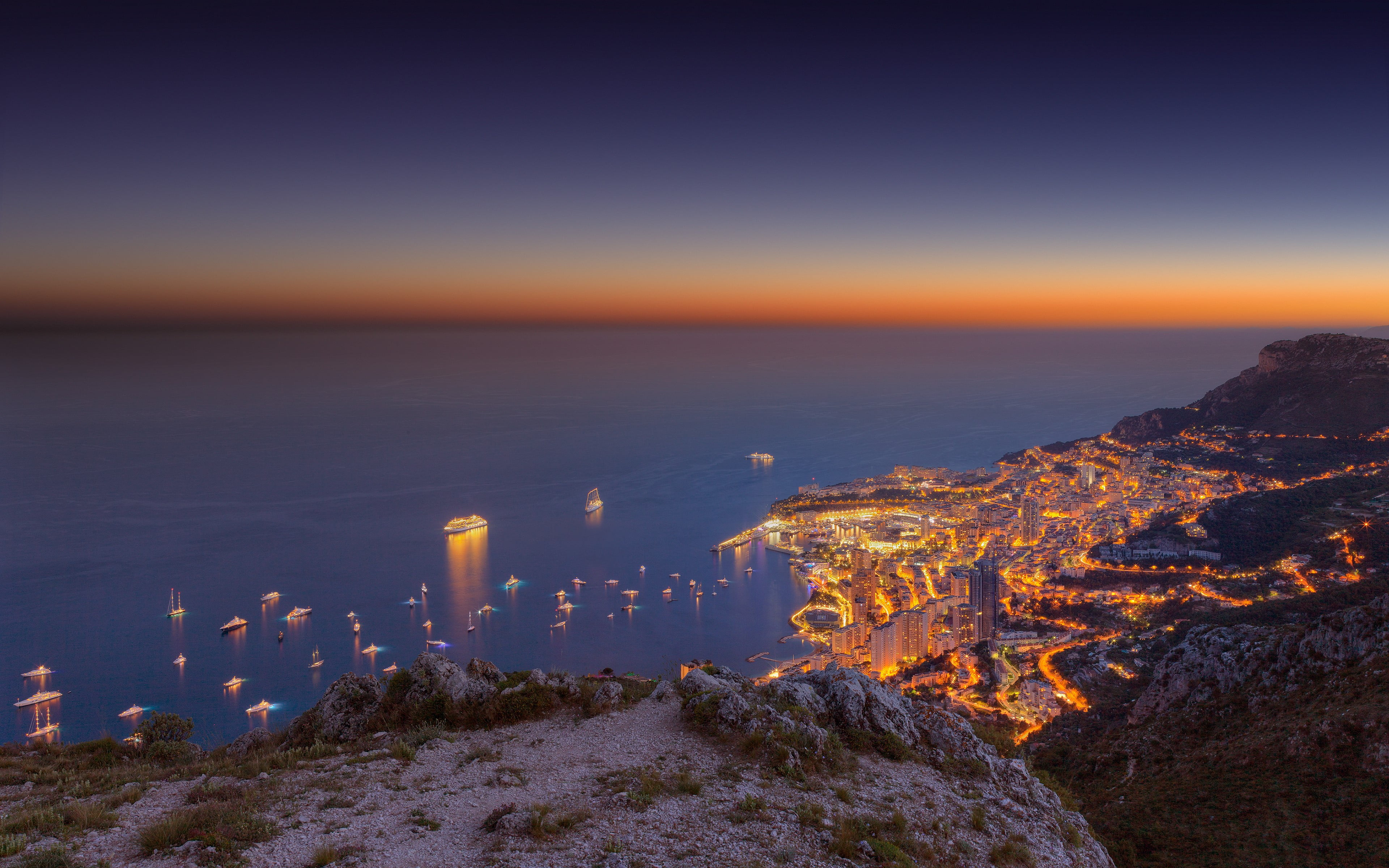 horizon over water, Monaco, building, scenics - nature, illuminated, architecture, built structure, white, skyscraper, city, city lights, dusk, cityscape, HD Wallpaper