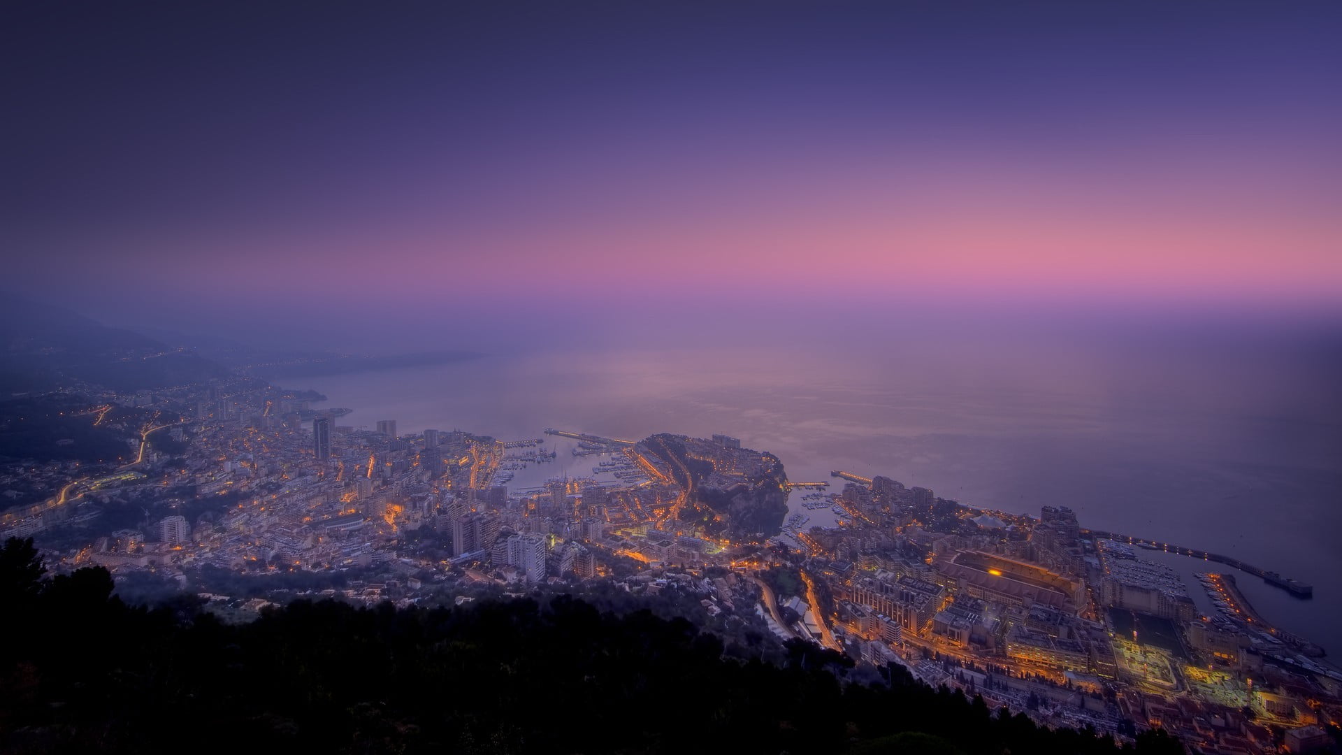 built structure, residential district, 1080P, nature, no people, night, Monaco, landscape, outdoors, dusk, building exterior, cloud - sky, illuminated, HD Wallpaper