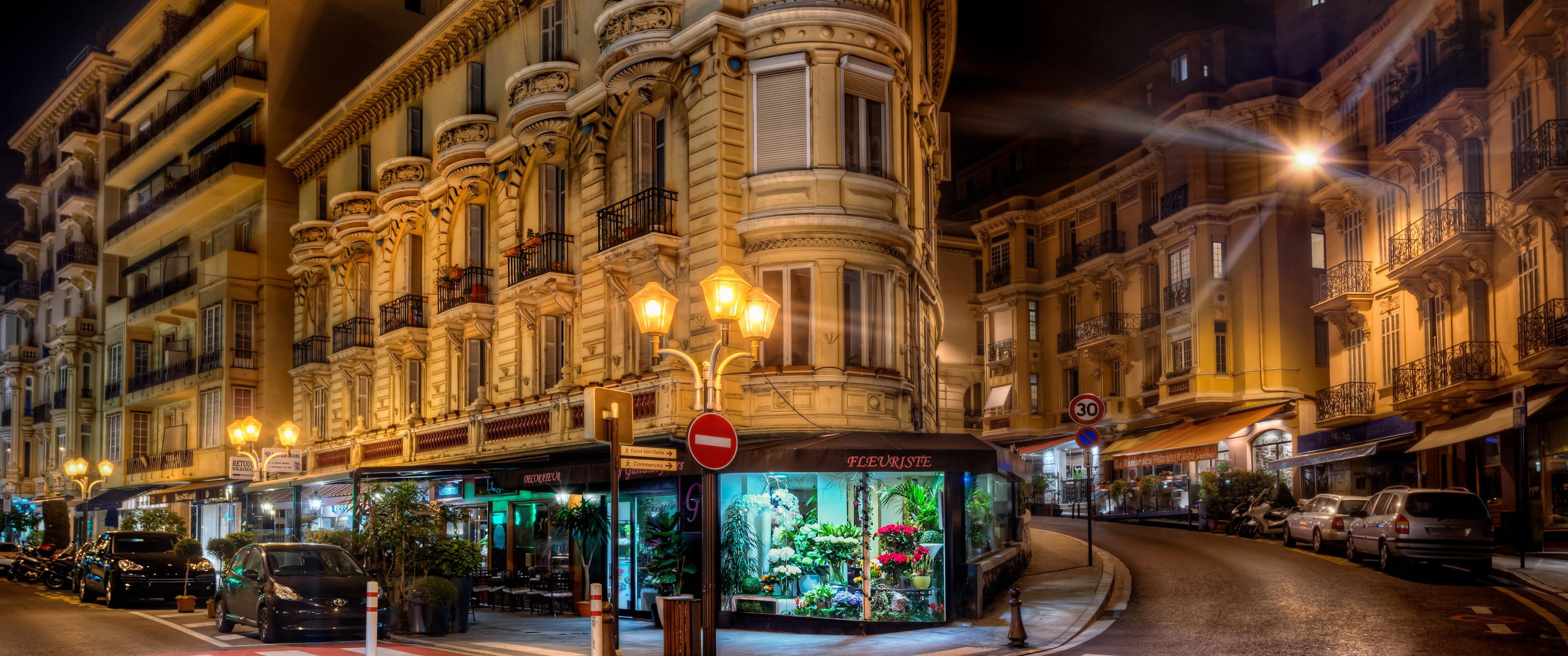 travel destinations, incidental people, outdoors, architecture, illuminated, the way forward, night, built structure, nature, road, Monaco, lighting equipment, HD Wallpaper