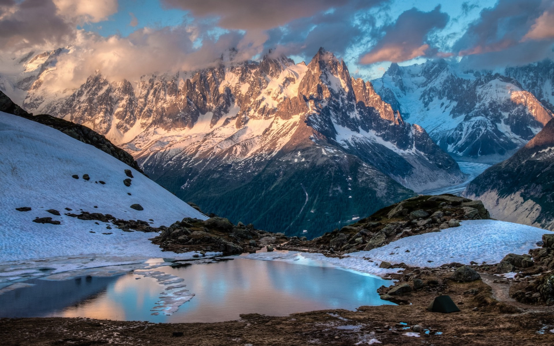 idyllic, water, cold temperature, pond, no people, snowcapped mountain, cloud - sky, nature, environment, lake, Chamonix, scenics - nature, mountain peak, HD Wallpaper