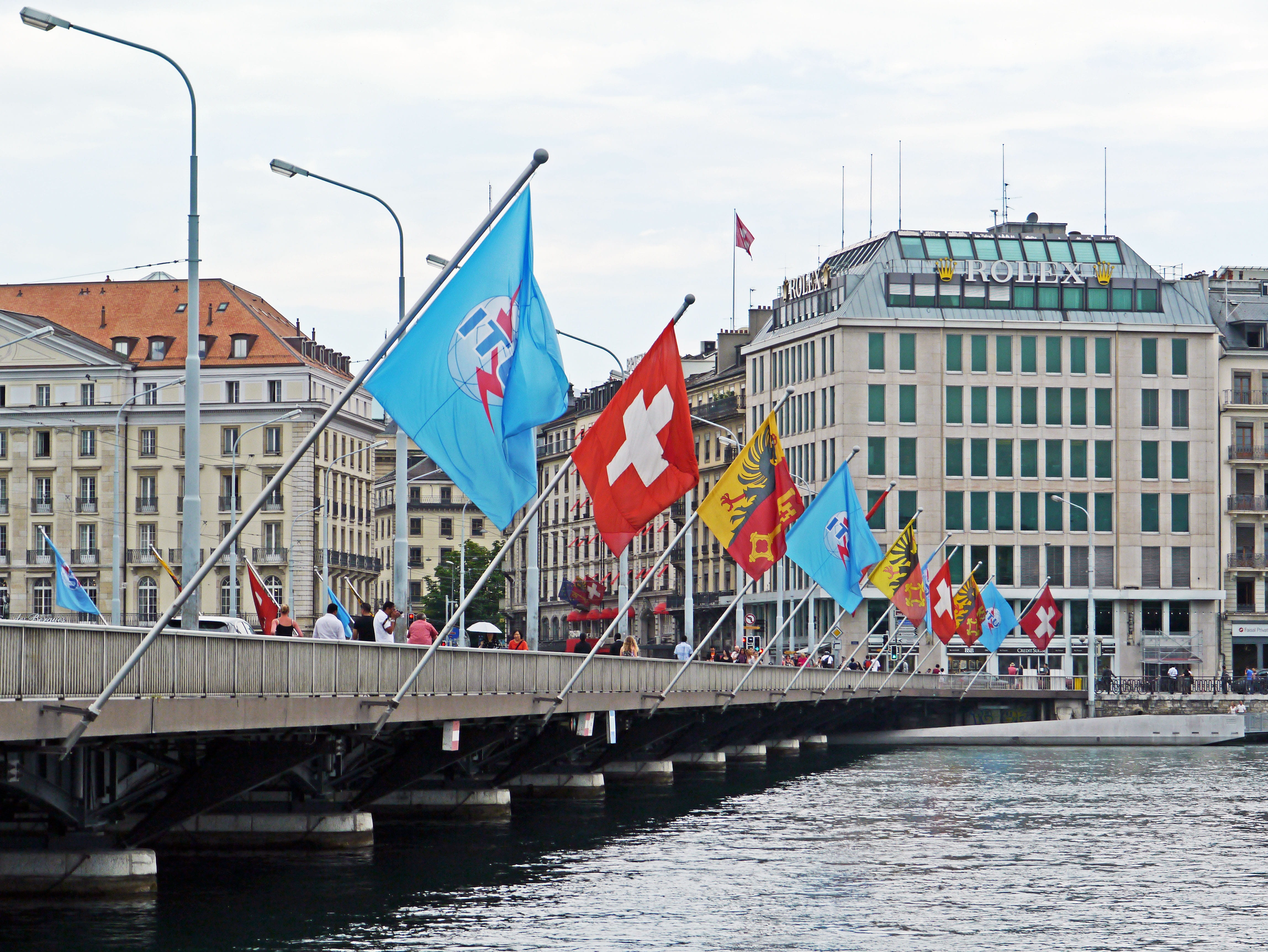 flag, flags, built structure, day, center, connection, bridge - man made structure, transportation, rhône, patriotism, genève, independence, mont-blanc-bridge, HD Wallpaper