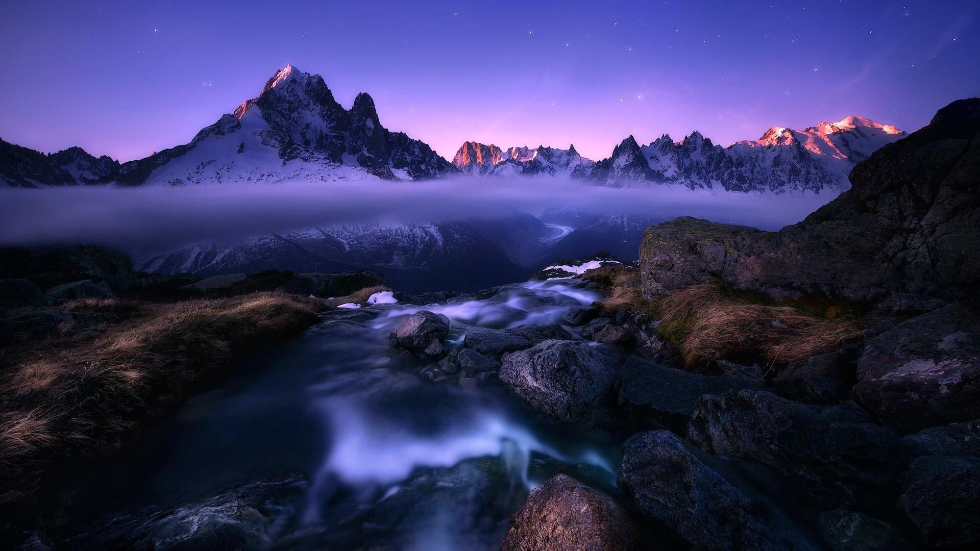 atmosphere, chamonix, landscape, no people, water, cold temperature, nature, star - space, sky, snowcapped mountain, space, astronomy, mountain, reflection, HD Wallpaper