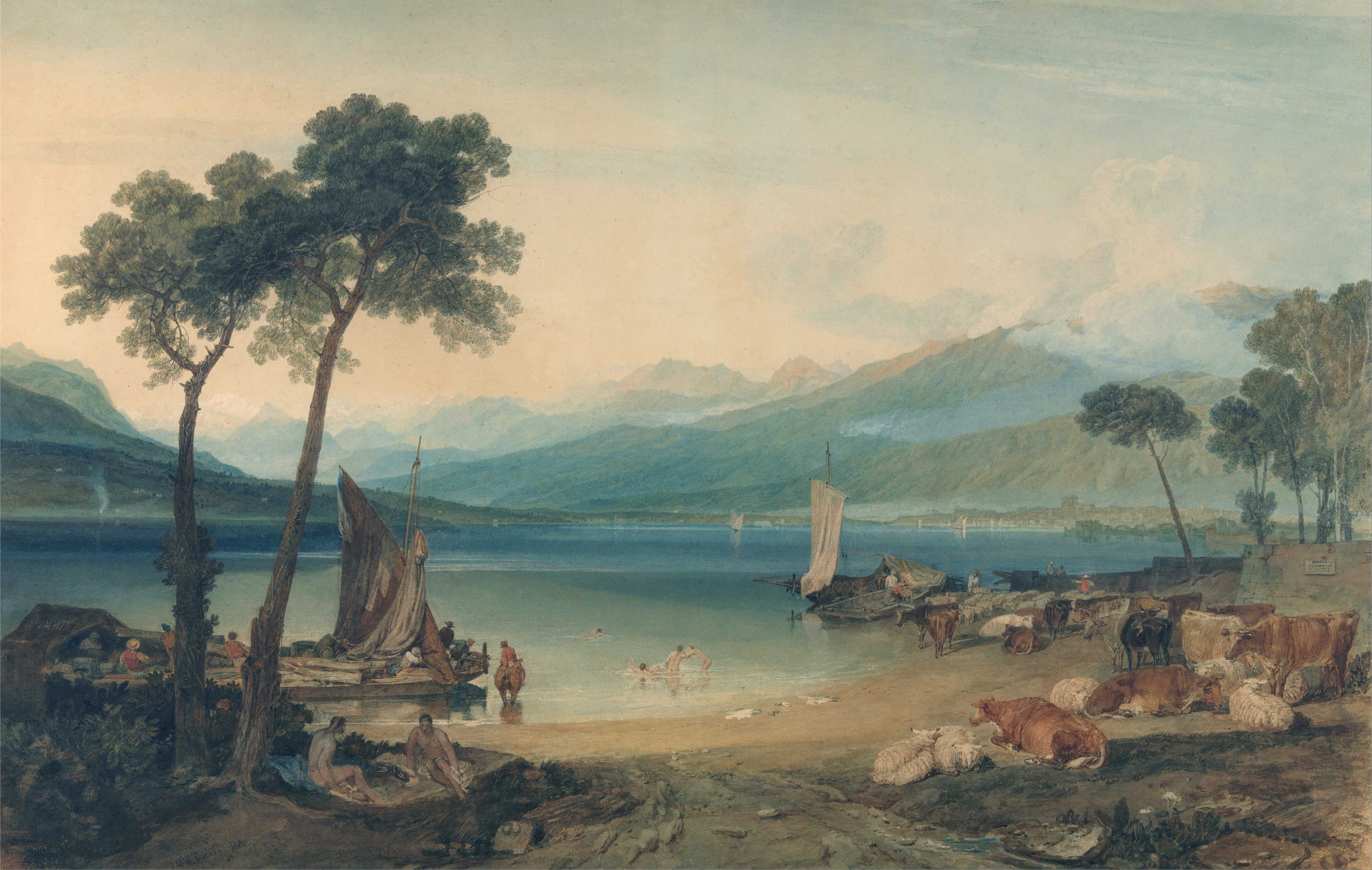 cows, picture, 2K, Lake Geneva and Mont Blanc, landscape, mountains, sail, boat, William Turner, HD Wallpaper