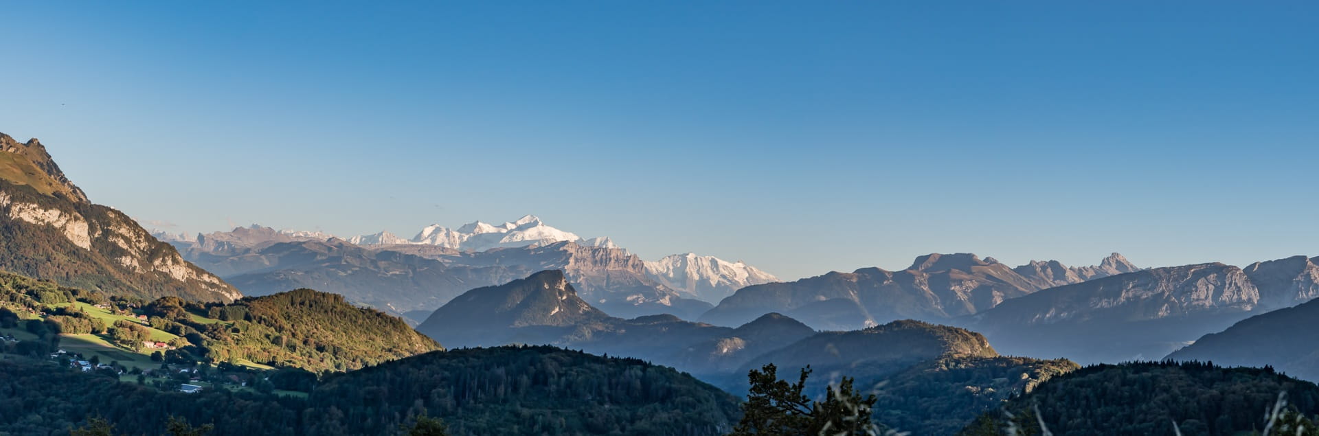 no people, haute savoie, pine tree, panoramic, panorama, land, alps, outdoors, coniferous tree, nature, 1080P, environment, winter, blue, mountain range, HD Wallpaper