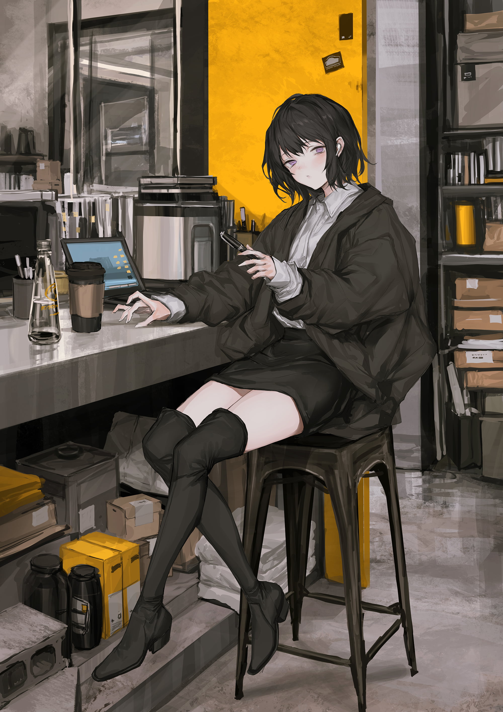 anime, laptop, original characters, 2K, _LM7_, anime girls, purple eyes, Mont Blanc, dark hair, Phone HD Wallpaper