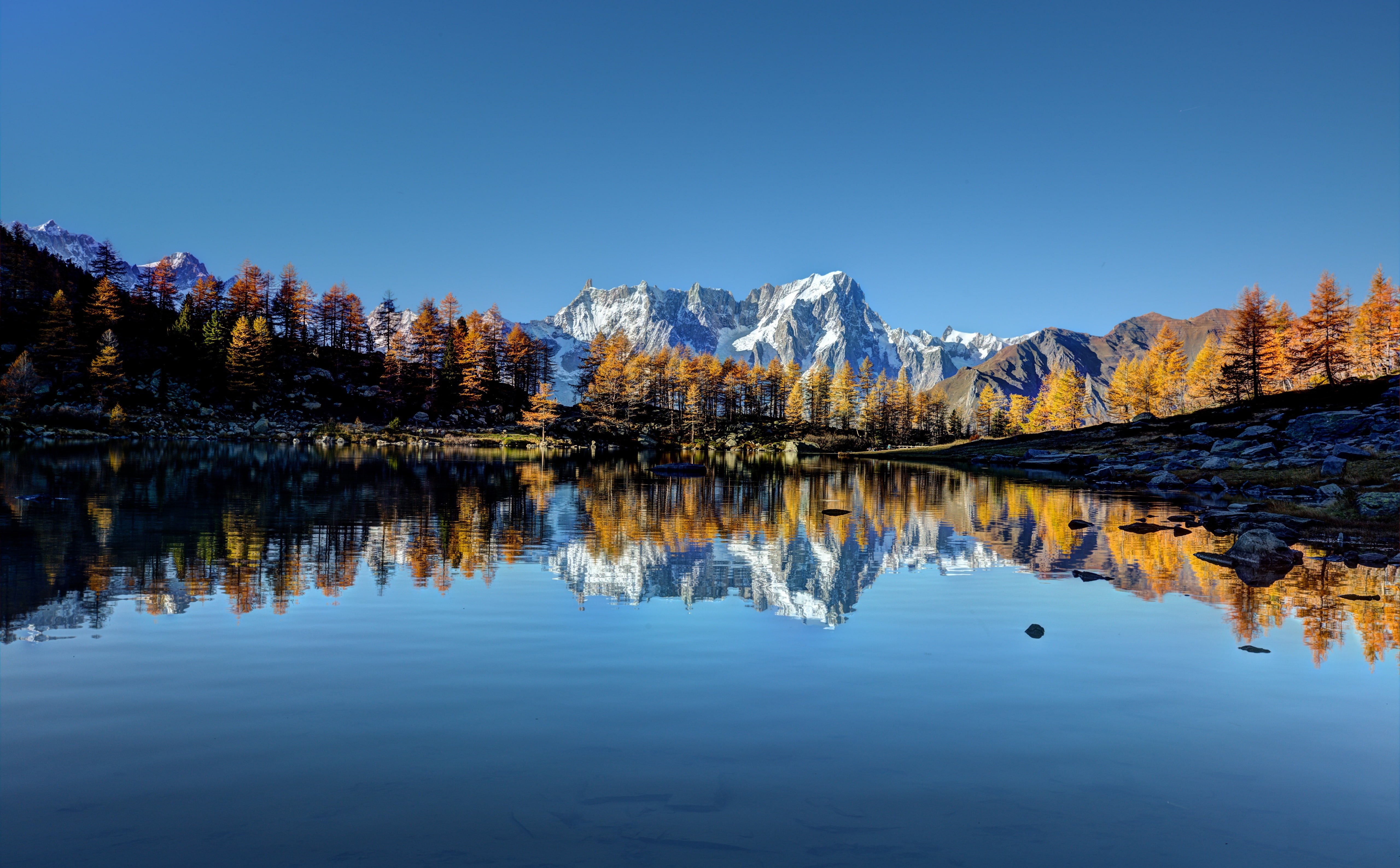 idyllic, Mountain, Forest, plant, Beautiful, Alps, clear sky, Fall, blue, Europe, water, Valley, beauty in nature, tree, Aosta, Wood, 5K, day, reflection lake, HD Wallpaper
