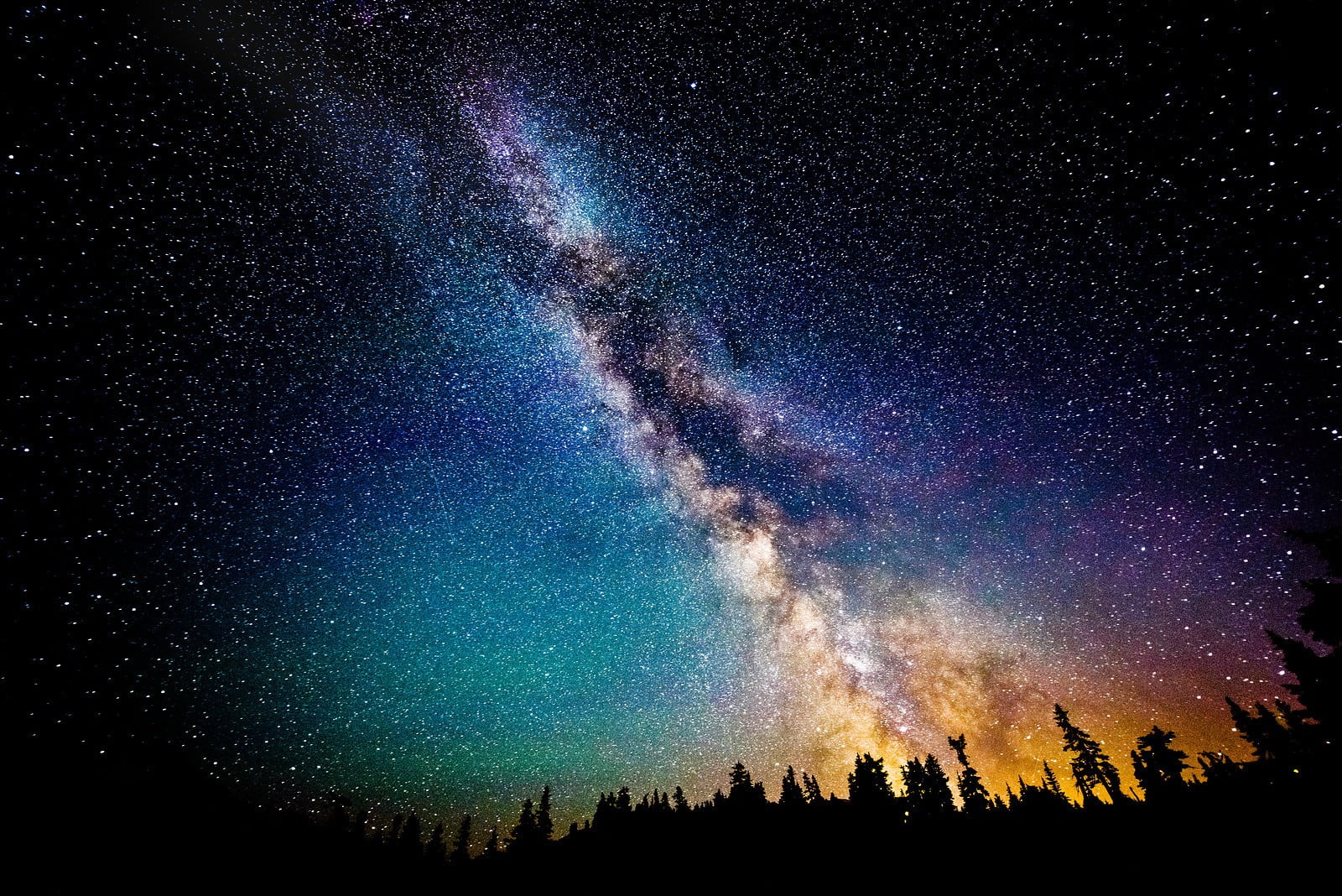 galaxy, tranquility, star field, purple, no people, tranquil scene, low angle view, silhouette, blue, idyllic, space, milky way, nature, digital art, night, HD Wallpaper