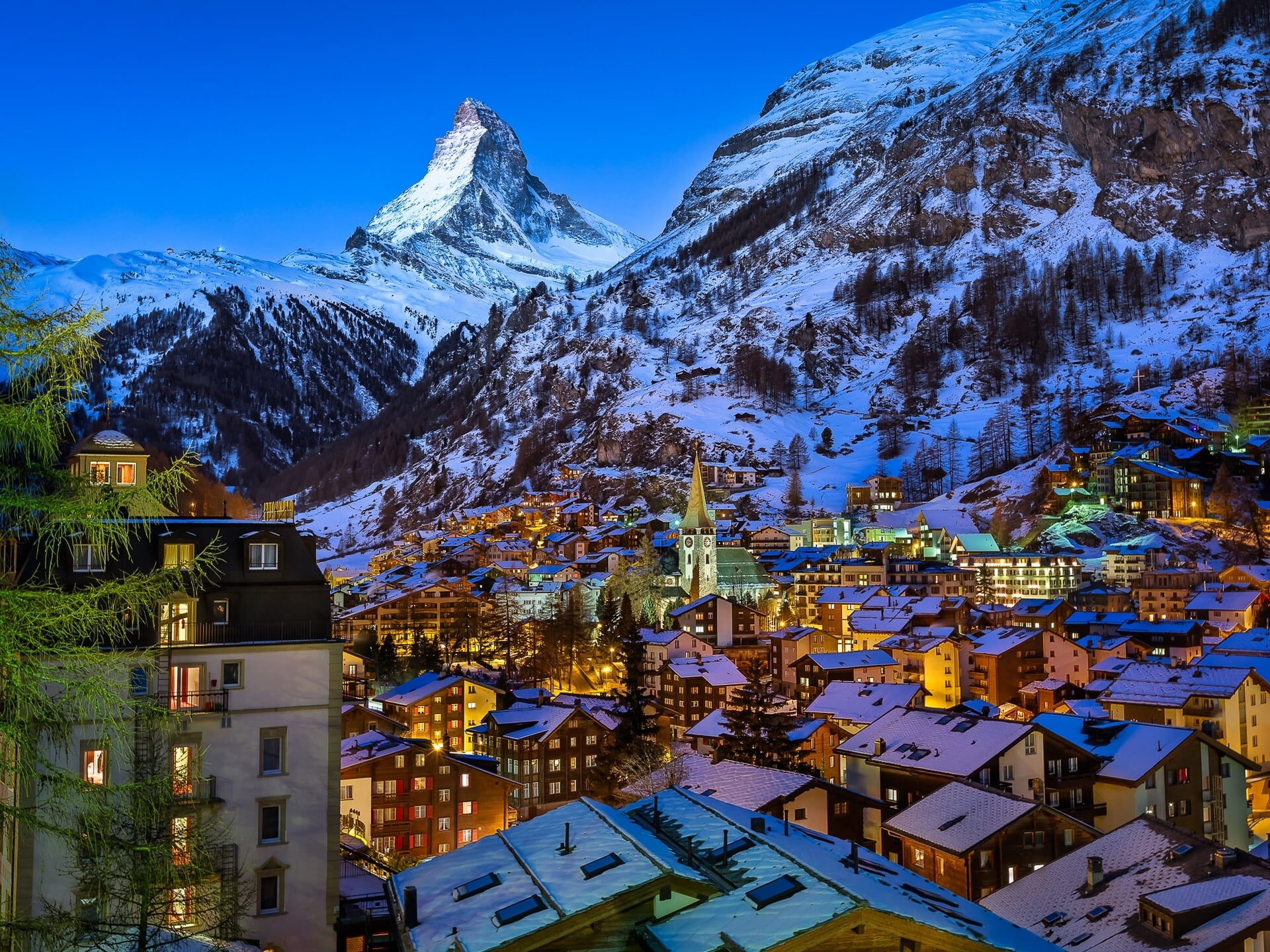 ice, night, tree, mountain range, cityscape, Swiss Alps, snow, scenics - nature, Alps, famous Place, europe, brown, 1080P, panoramic, cold temperature, HD Wallpaper