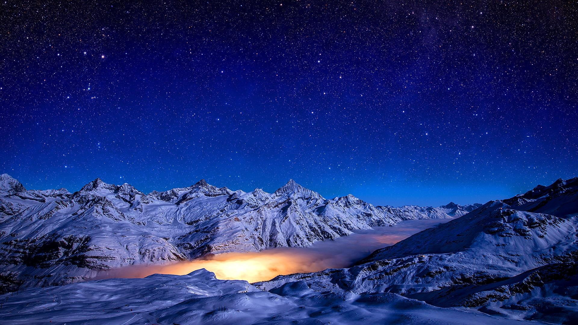 gorner glacier, starry, pennine alps, alps, rocky ridge, ridge, lagoon nebula, moon, winter, glacier, lighting, zermatt, nature, switzerland, 1080P, stars, HD Wallpaper