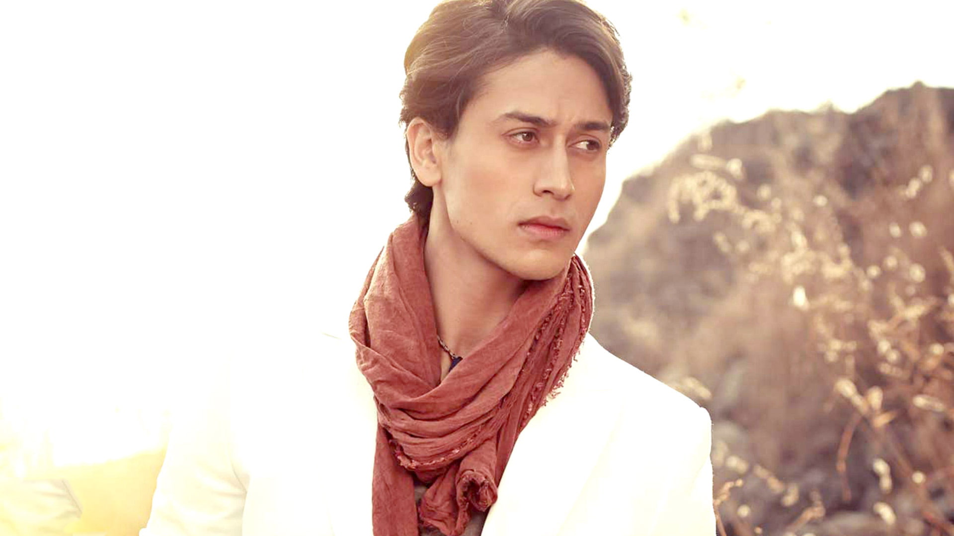 photoshoot, standing, looking, young men, contemplation, tiger, scarf, front view, portrait, looking at camera, 1080P, shroff, headshot, beautiful people, HD Wallpaper
