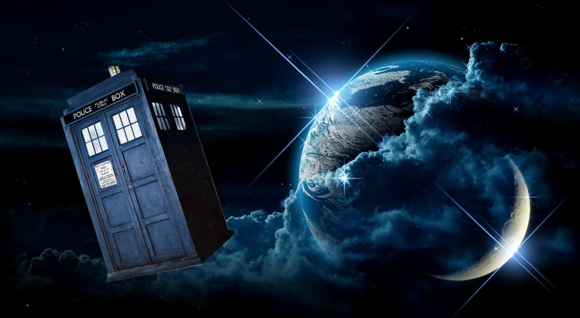 night, doctor, white, nature, Tardis, water, planet earth, digital composite, 1080P, sea, architecture, Other Movies, doctor who, communication, clouds, HD Wallpaper