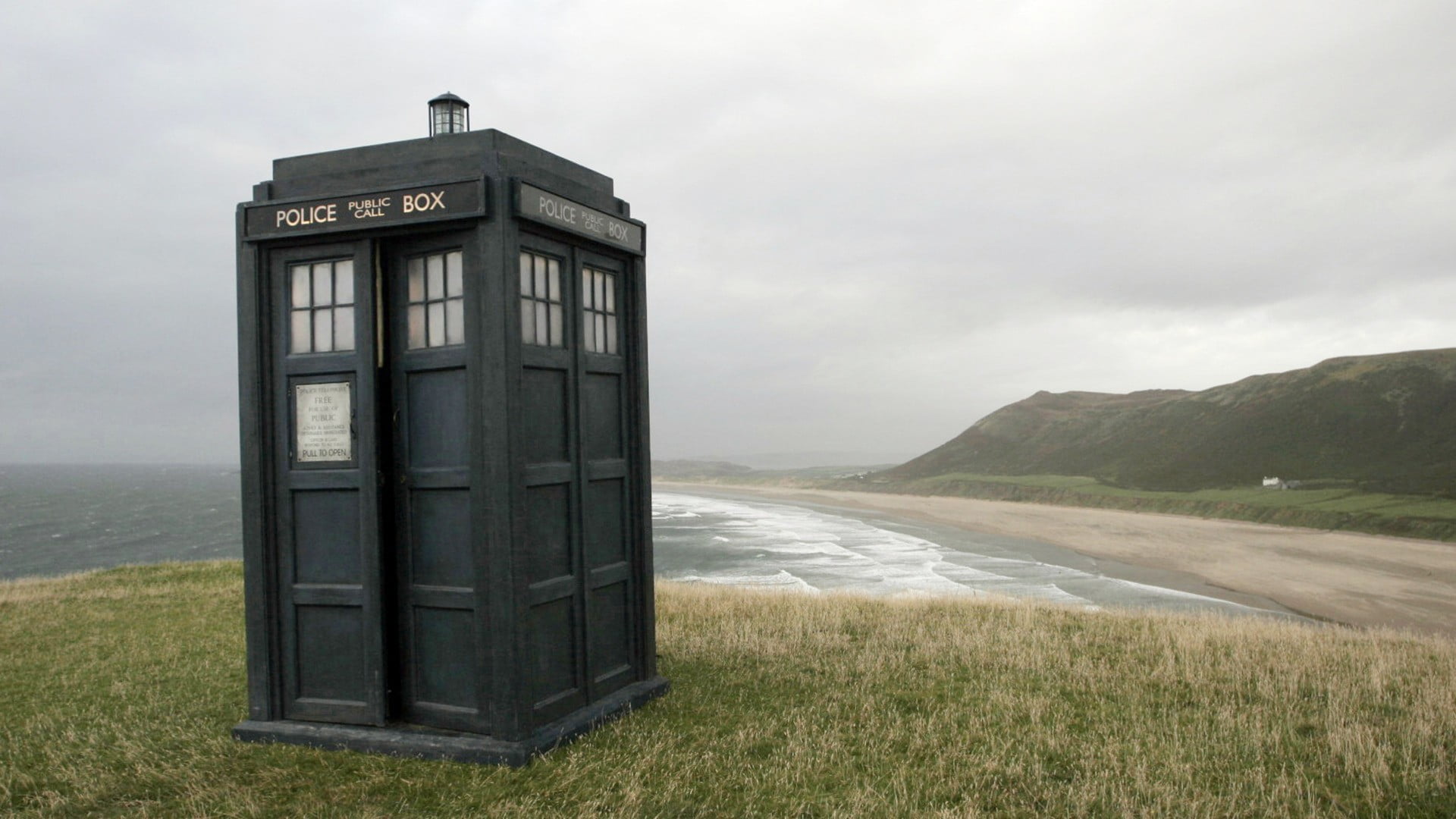 sky, scenics - nature, beauty in nature, water, land, black, grass, day, no people, tranquility, mountain, nature, architecture, Doctor Who, TARDIS, cloud - sky, HD Wallpaper