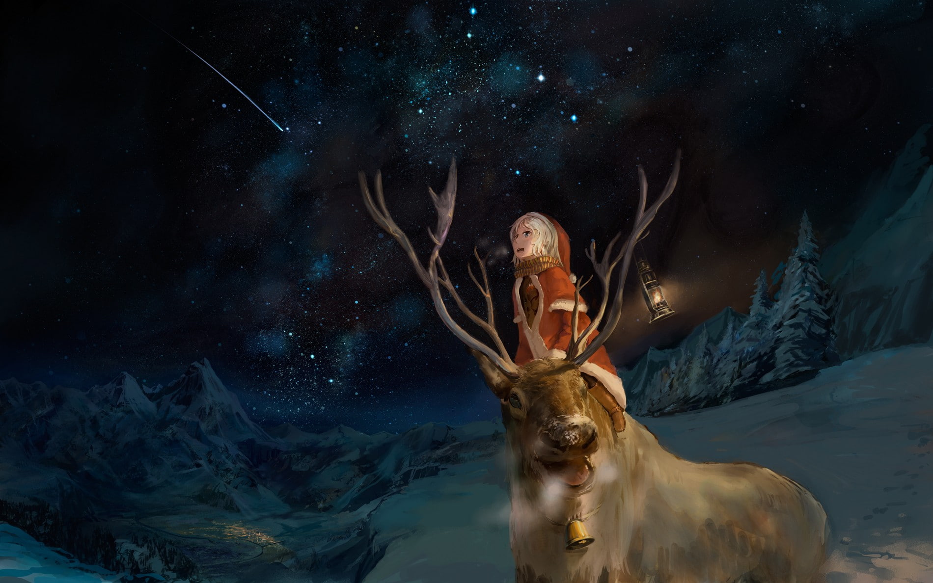 deer, digital composite, young women, mouth, emotion, sea, motion, outdoors, shooting stars, leisure activity, star - space, water, lantern, mouth open, HD Wallpaper