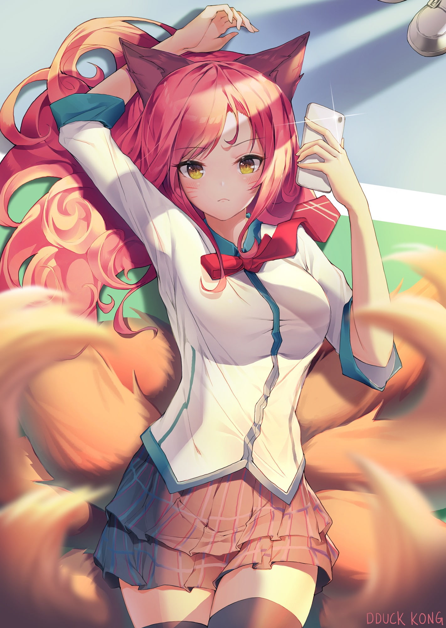 Ahri, young adult, 1080P, indoors, blond hair, redhead, young women, close-up, representation, neko ears, people, adult, art and craft, multi colored, Phone HD Wallpaper