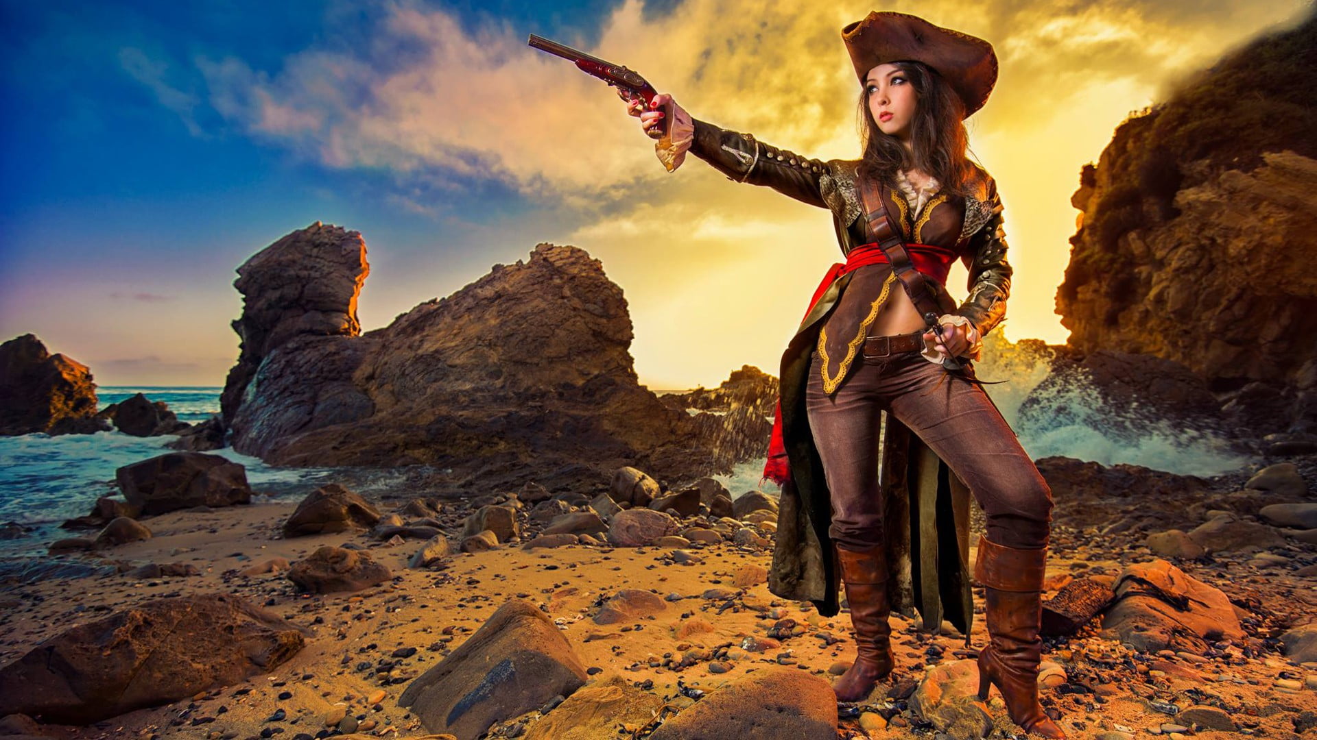 females, beautiful woman, miss, cosplayer, sunset, clothing, rock, young adult, hat, sky, legend, league, solid, women, fortune, rock formation, 1080P, HD Wallpaper