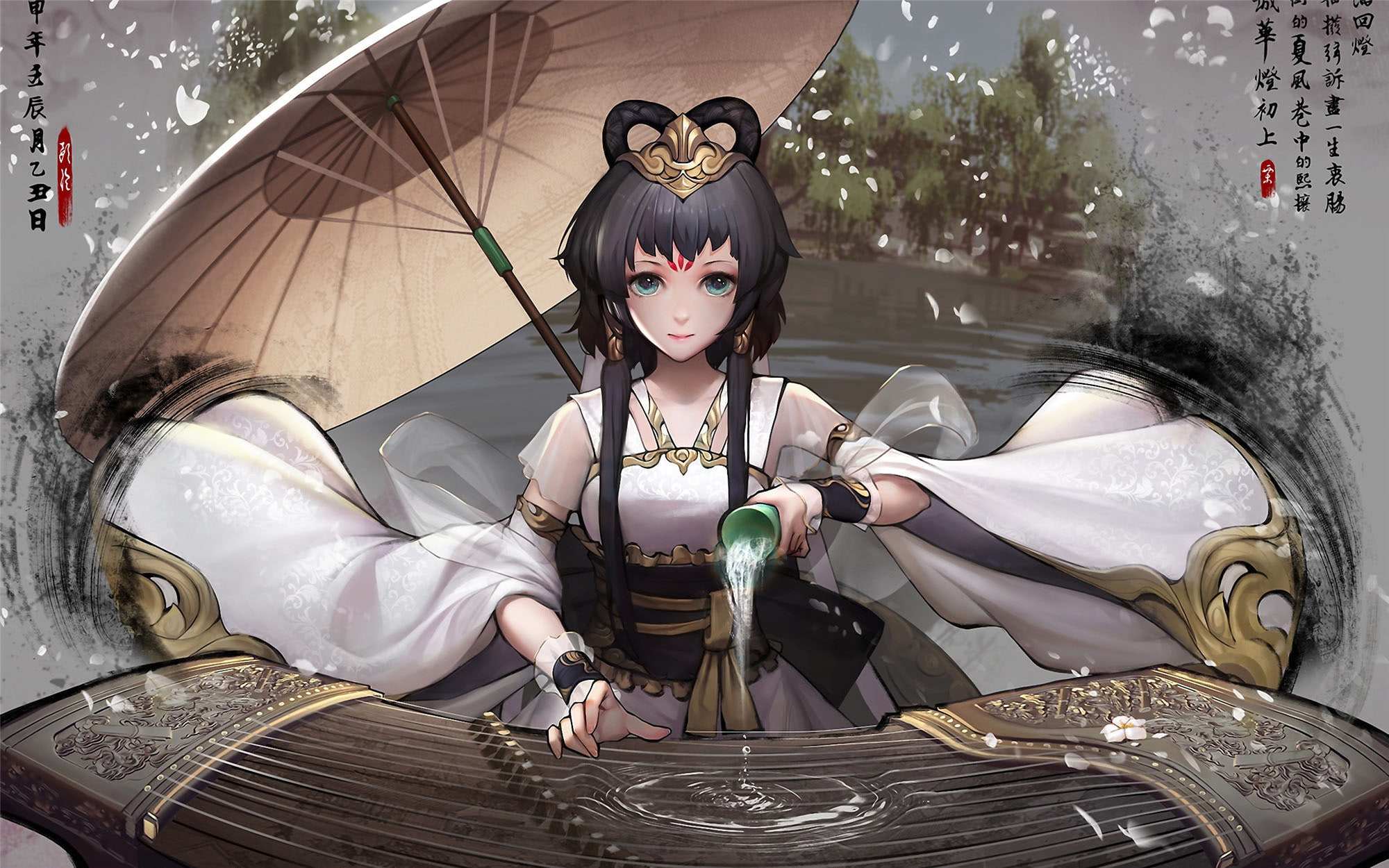 Chinese zither, 1080P, Luo Tianyi, anime girls, hanfu, Vocaloid China, umbrella, HD Wallpaper
