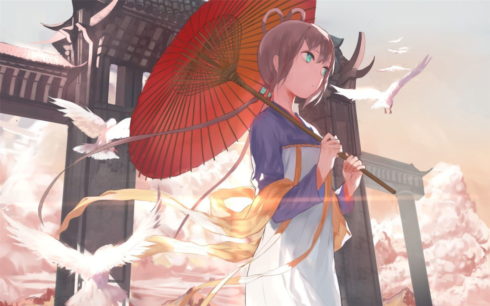 anime, hanfu, birds, anime girls, Vocaloid China, blue eyes, Luo Tianyi, 1080P, umbrella, HD Wallpaper
