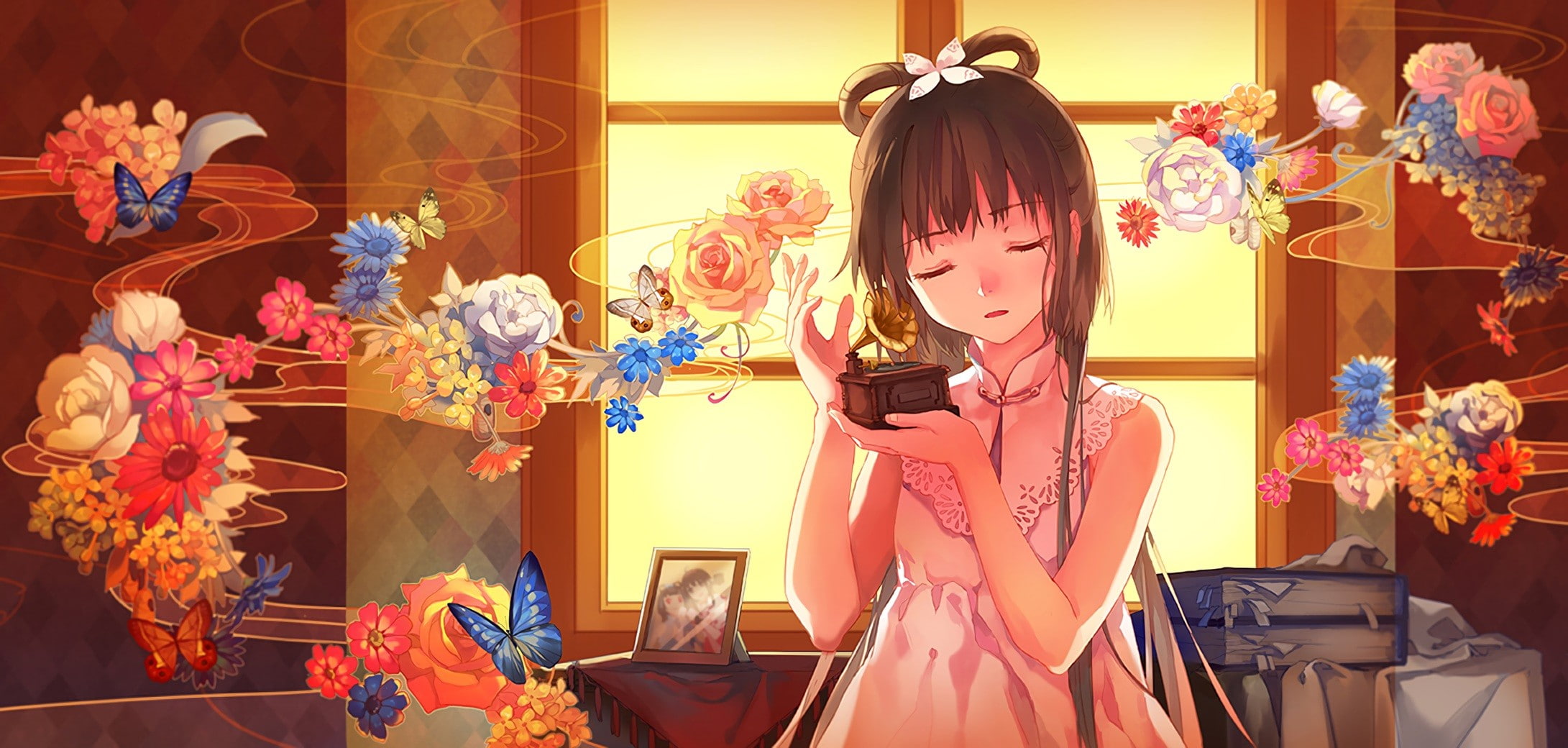 flowers, choice, 1080P, anime, window, leisure activity, plant, Chinese dress, dress, Luo Tianyi, anime girls, human representation, lifestyles, retail display, HD Wallpaper
