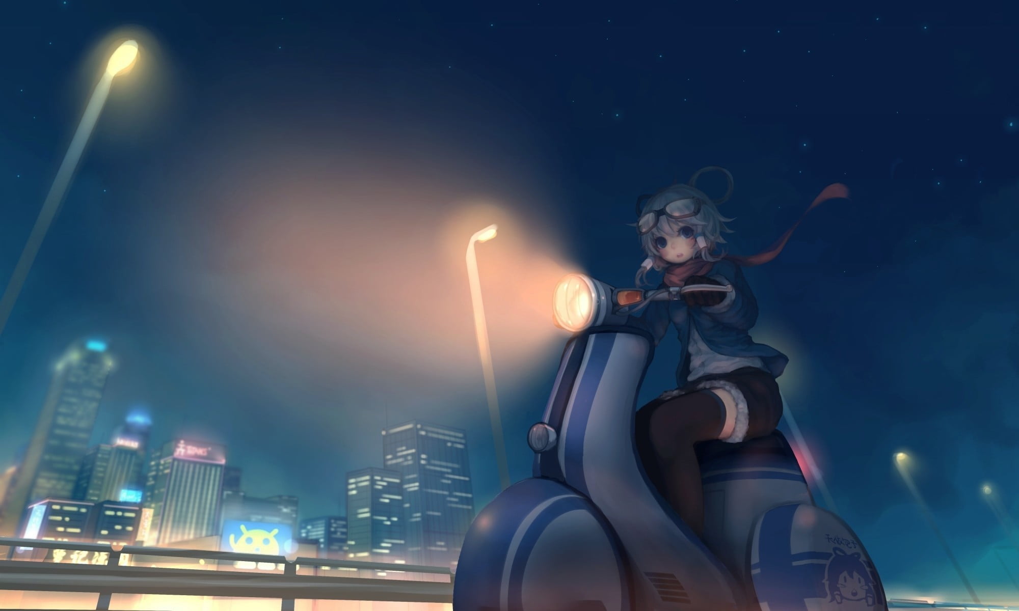 art, people, illuminated, scooter, vocaloid, luo tianyi, night, female likeness, low angle view, office building exterior, lighting Equipment, 1080P, city, HD Wallpaper