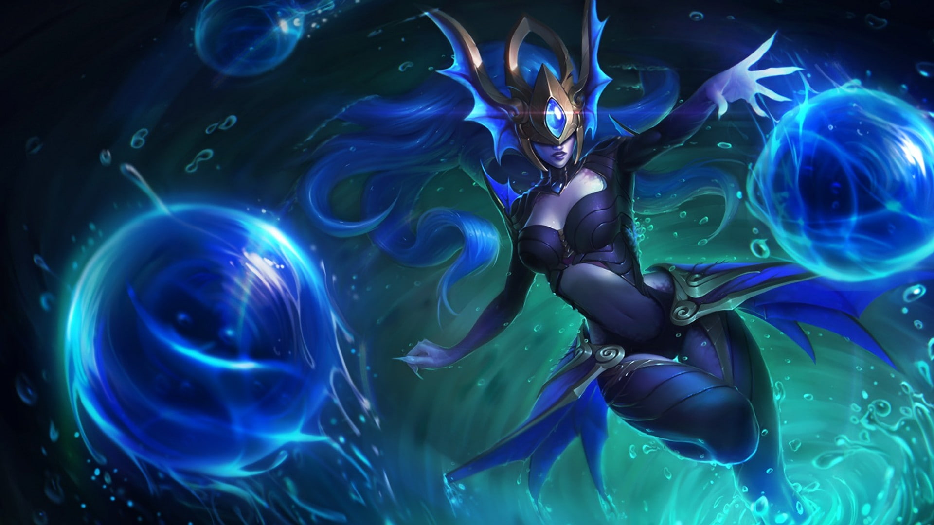 mobile, 1080P, league, diamond, phones, desktop, syndra, legends, hd, altantean, balls, blue, laptops, magic, HD Wallpaper