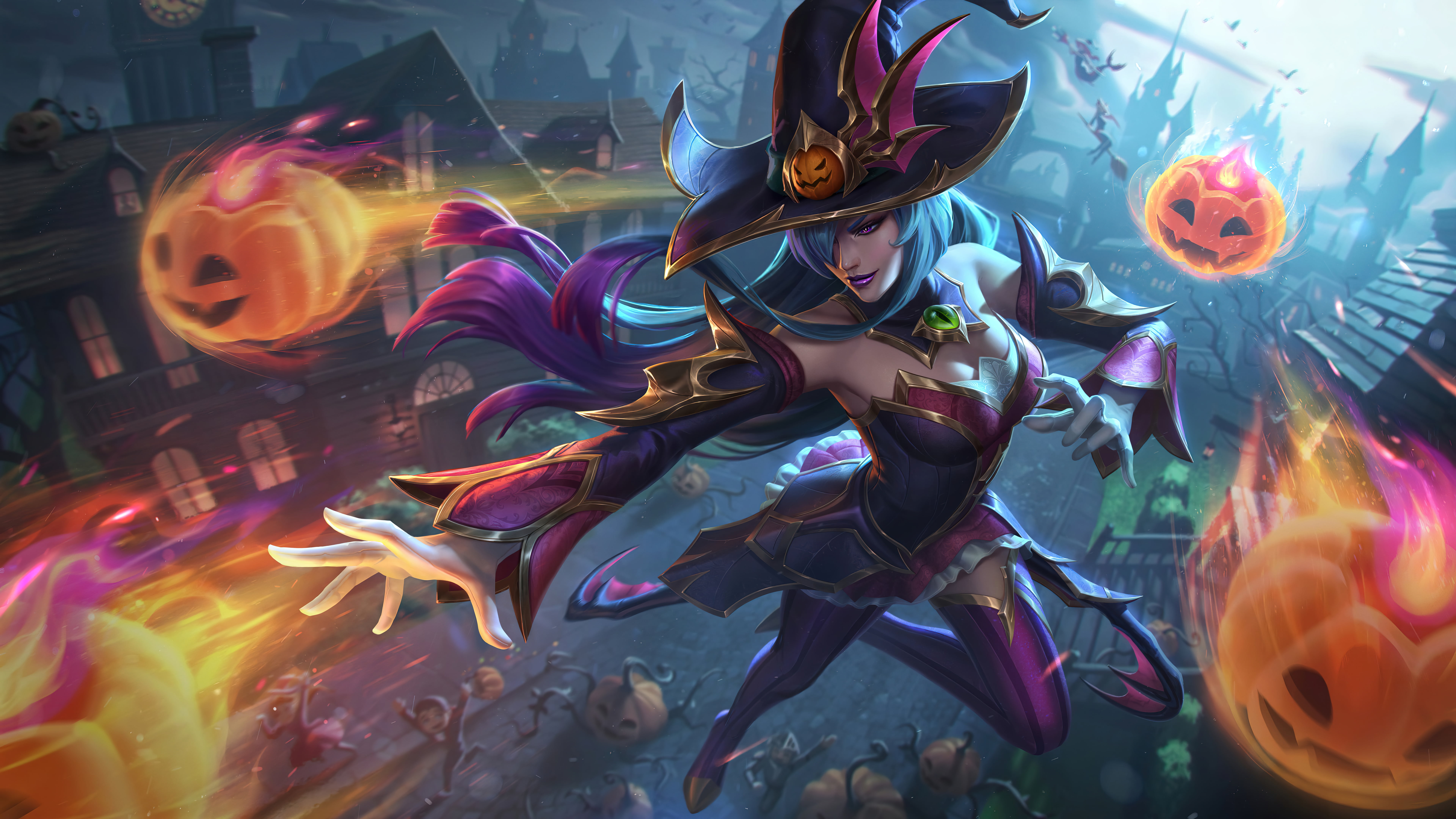 Bewitching, digital art, Riot Games, 4K, Syndra, 8K, League of Legends, pumpkin night, Syndra (League of Legends), Halloween, witch, GZG, pumpkin, HD Wallpaper