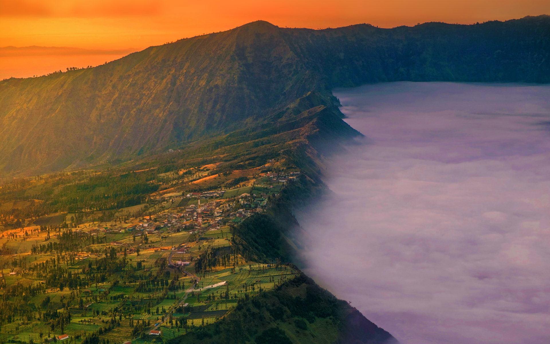 fog, home, Indonesia, village, glow, 1080P, Cemoro Lawang, mount Bromo, the island of Java, HD Wallpaper
