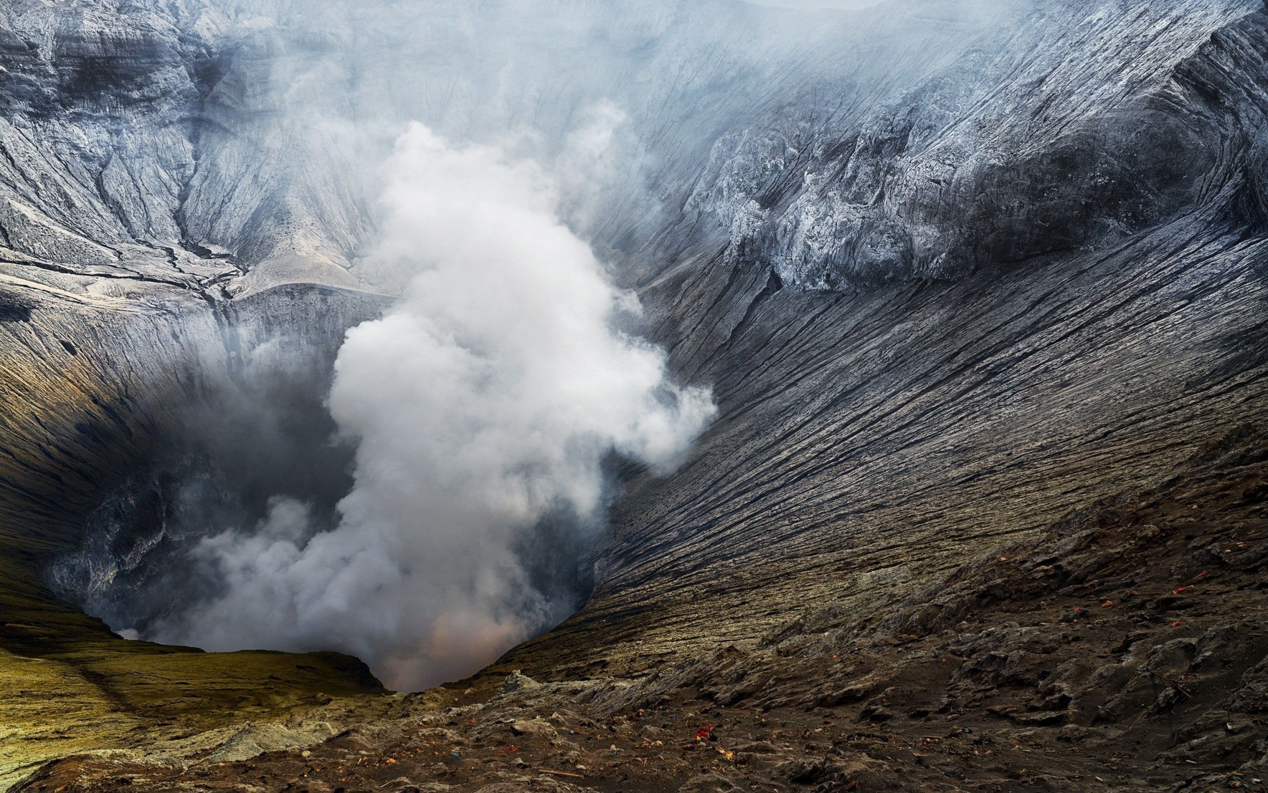 environment, smoke - physical structure, sign, volcanic crater, nature, steam, geology, hot spring, warning sign, landscape, mountain, 1080P, power in nature, HD Wallpaper
