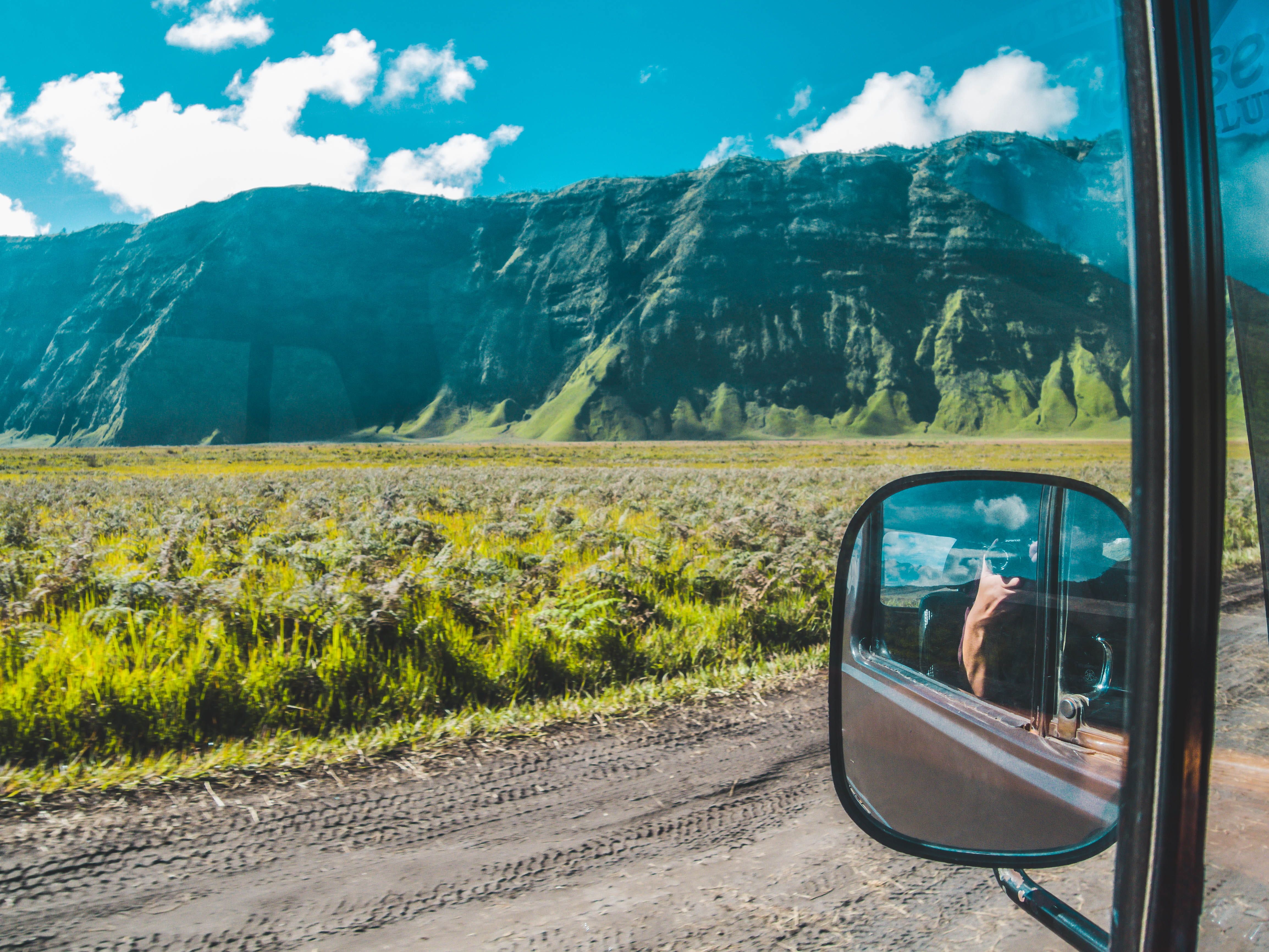 scenics - nature, transparent, outdoors, open world area, glass - material, mountain, i love this trips, indonesia, day, mirror, sky, mount bromo, public transportation, HD Wallpaper