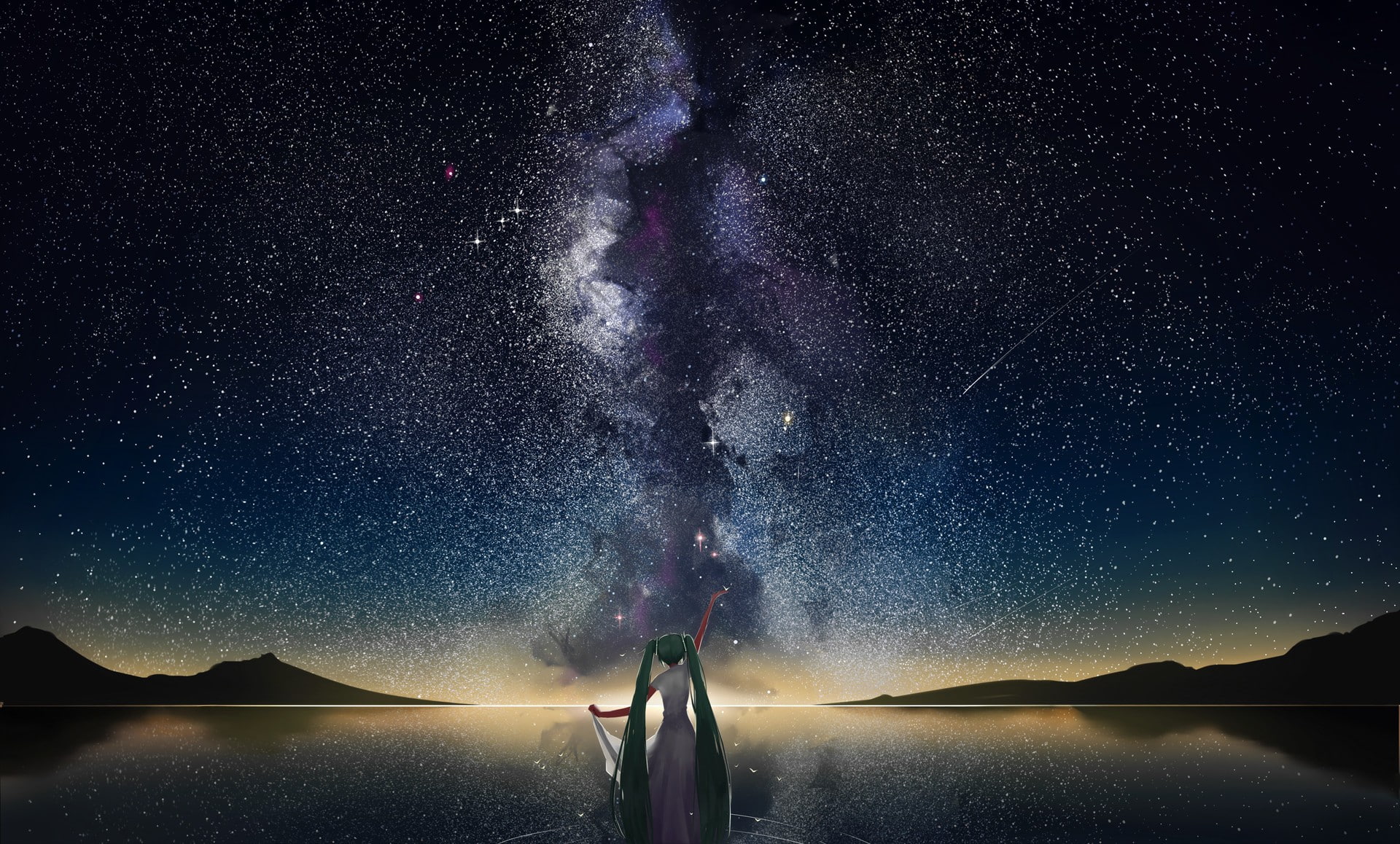 space, shooting stars, lake, horizon, mountains, Hatsune Miku, 1080P, stars, HD Wallpaper