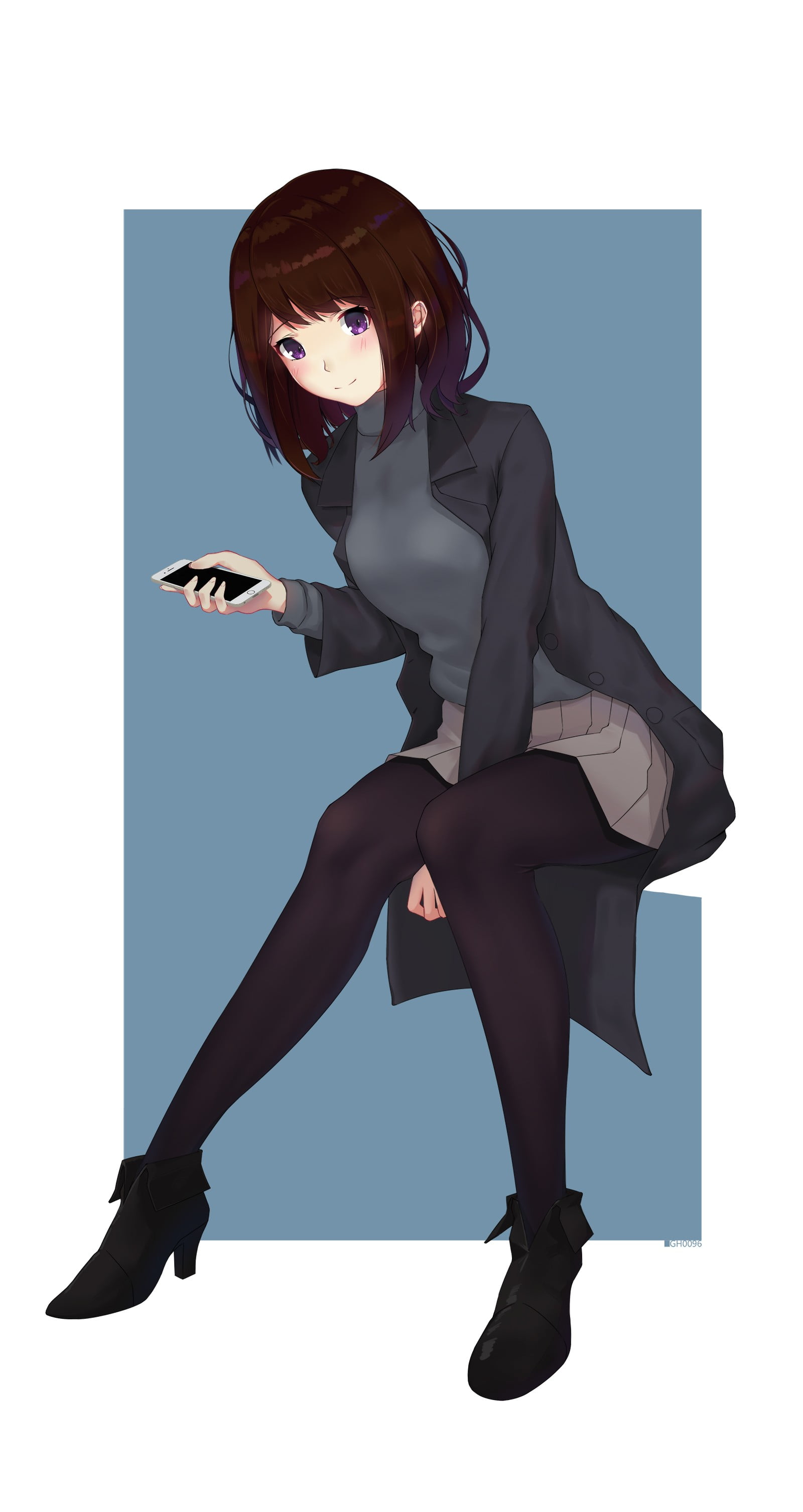 brunette, gray, illustration, beautiful woman, full length, jacket, technology, shoe, woman, one person, beauty, purple eyes, young women, businesswoman, Phone HD Wallpaper
