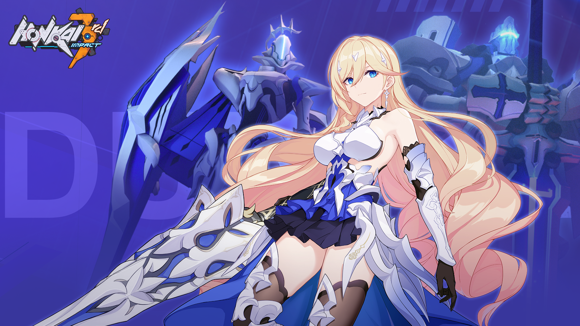 long hair, Durandal, artwork, blonde, video games, 1080P, anime girls, Honkai Impact, blue eyes, tights, Honkai Impact 3rd, digital art, HD Wallpaper