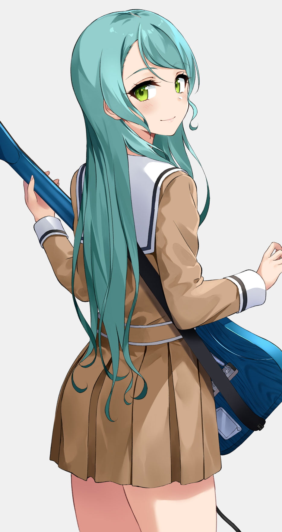 portrait display, vertical, anime, blue hair, long hair, 720P, yellow eyes, skirt, BanG Dream!, school uniform, guitar, digital art, Smile, green hair, Phone HD Wallpaper