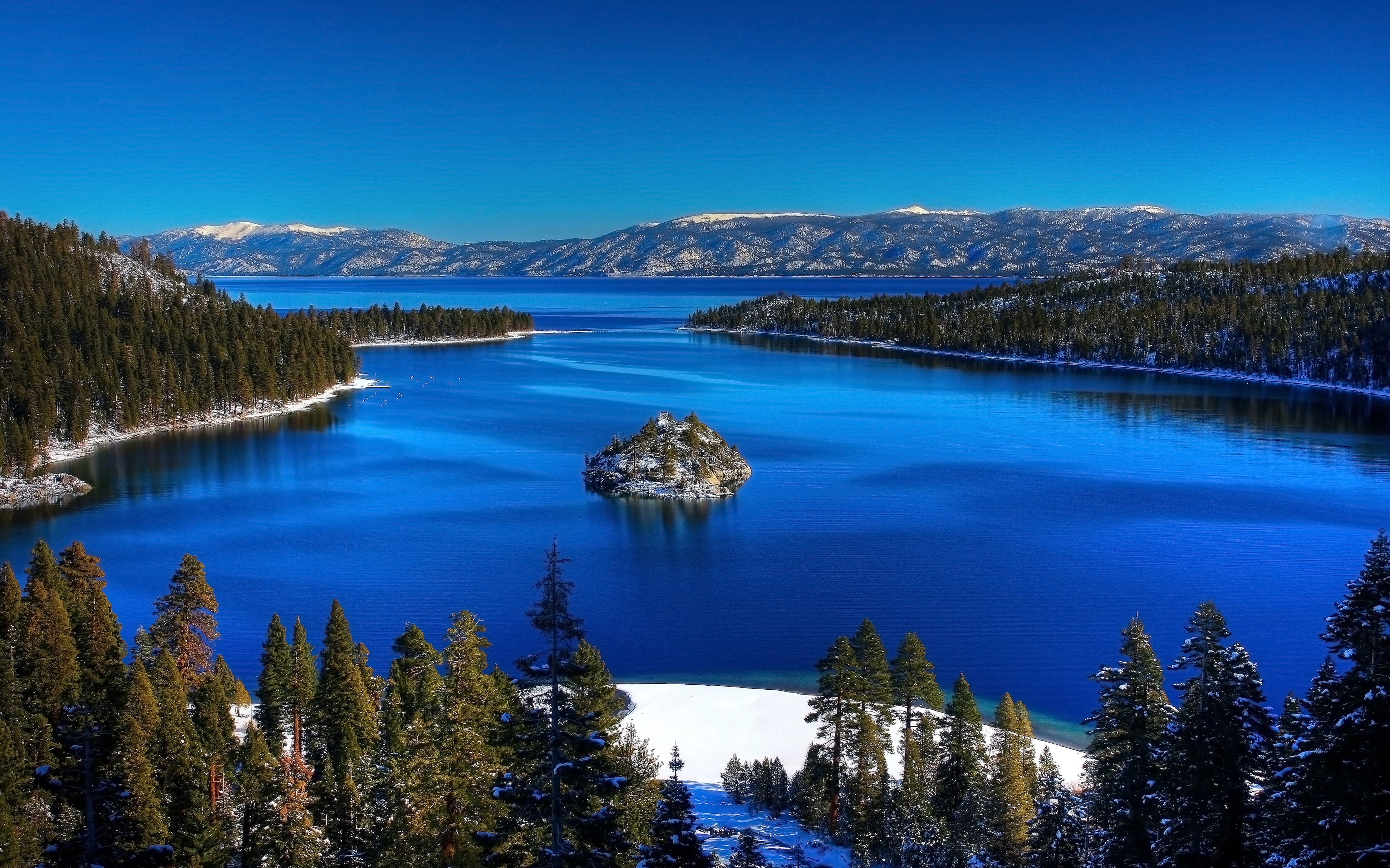landscape, california, emerald, 4K, state, desktop, park, lake, winter, hd, bay, tahoe, HD Wallpaper