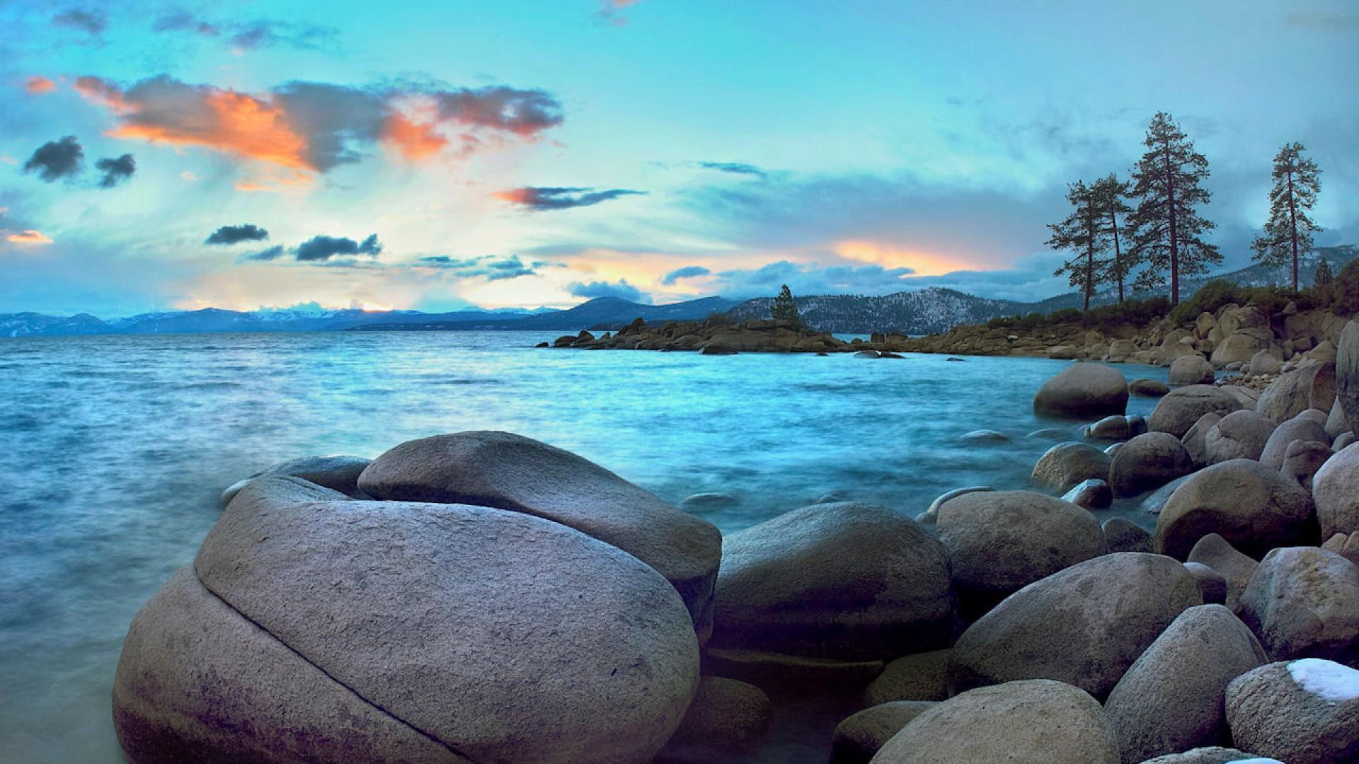 rocks, nevada, hidden, clouds, beach, 1080P, trees, tahoe, lake, nature and landscapes, HD Wallpaper
