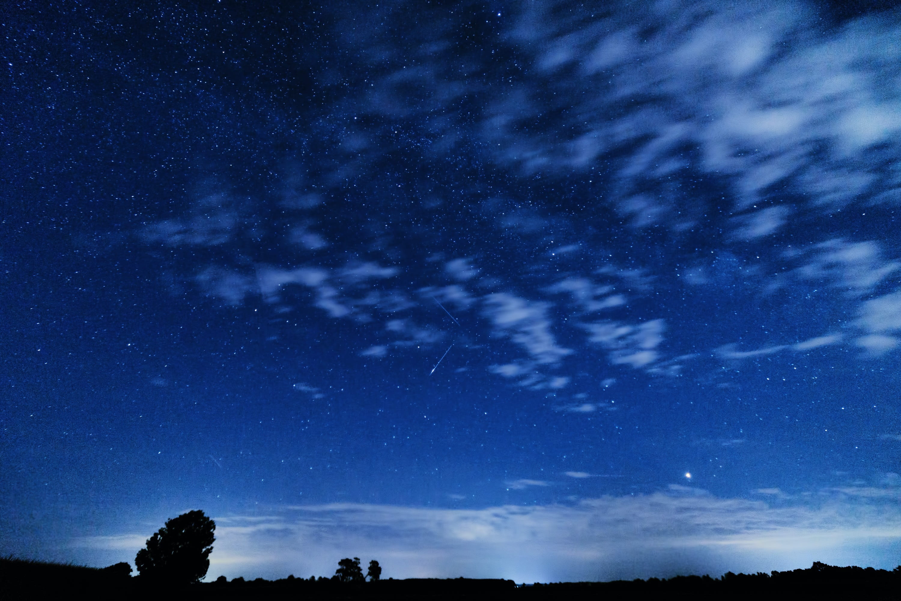 sky, beauty in nature, night sky, tranquil scene, universe, meteor, shooting star, galaxy, clouds, tree, space, perseids, nature, idyllic, silhouette, star field, HD Wallpaper