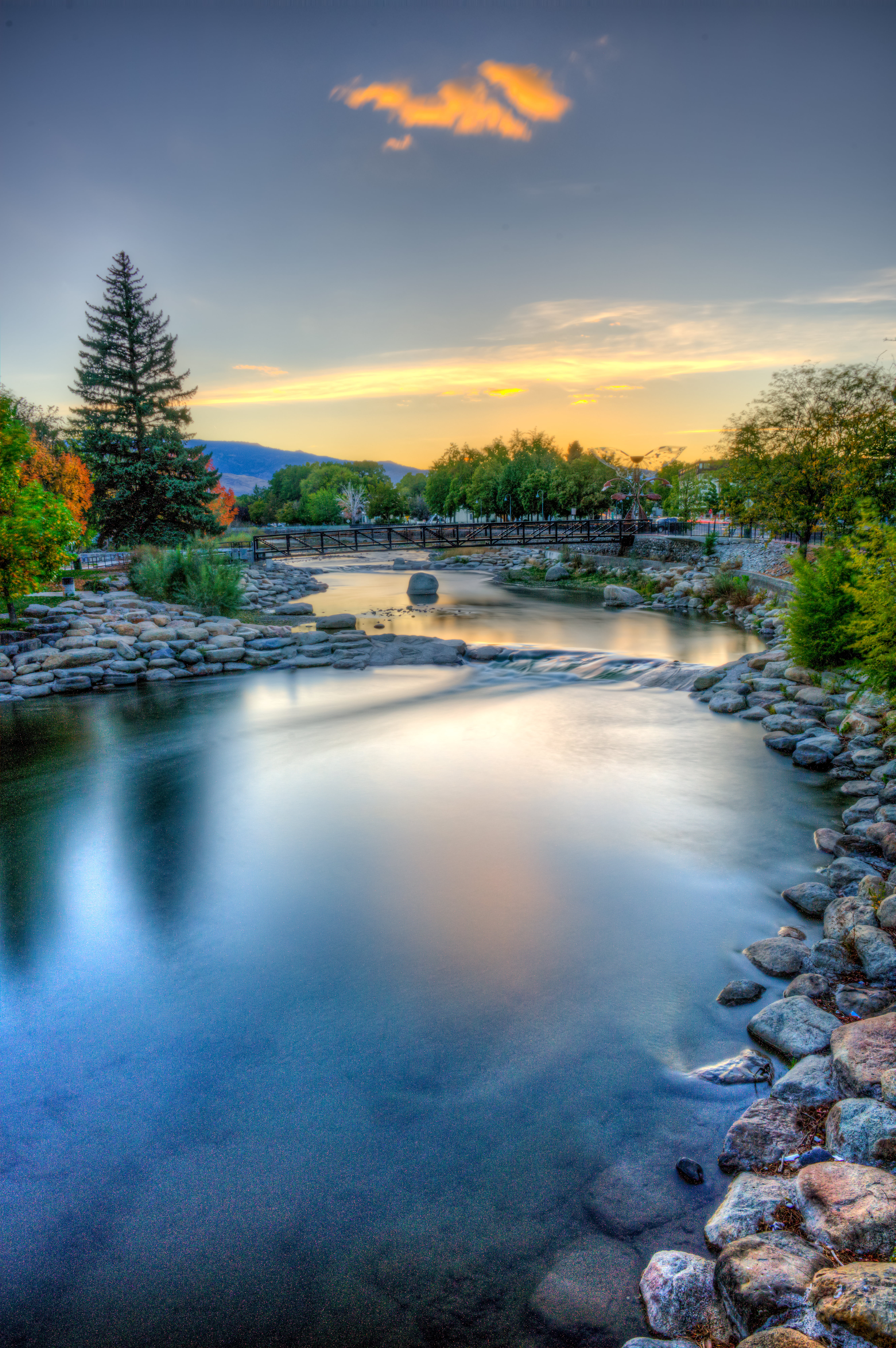 tree, reflection, Walk in, long exposure, Truckee River, outdoors, river, forest, Reno, reno, water, river  Reno, bridge, 8K, landscape, sunset, nature, Phone HD Wallpaper