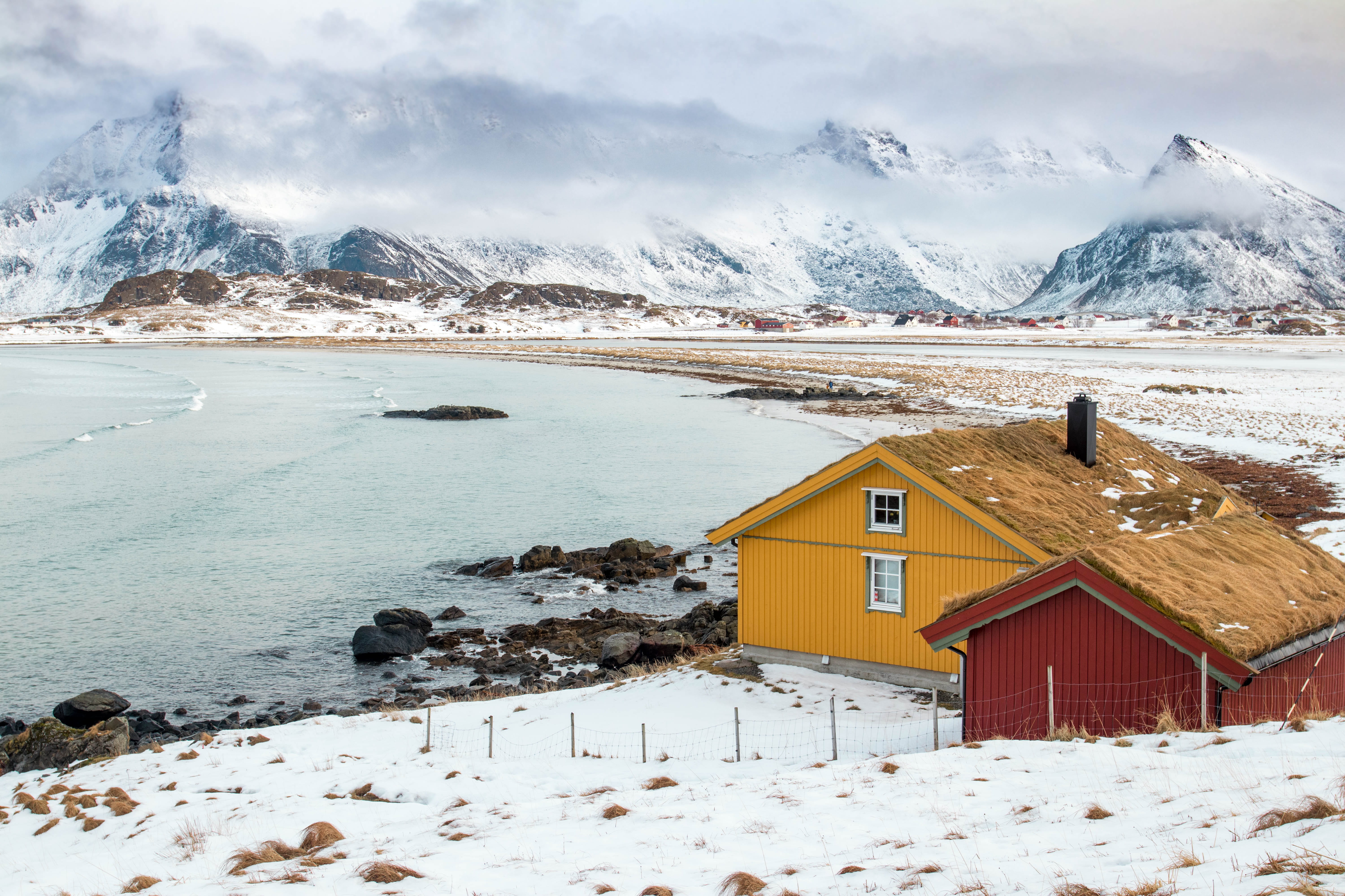 lake, houses, building, mountain range, ice, surround, scenics - nature, mountain, cold temperature, building exterior, cabin, grass roof, water, no people, HD Wallpaper