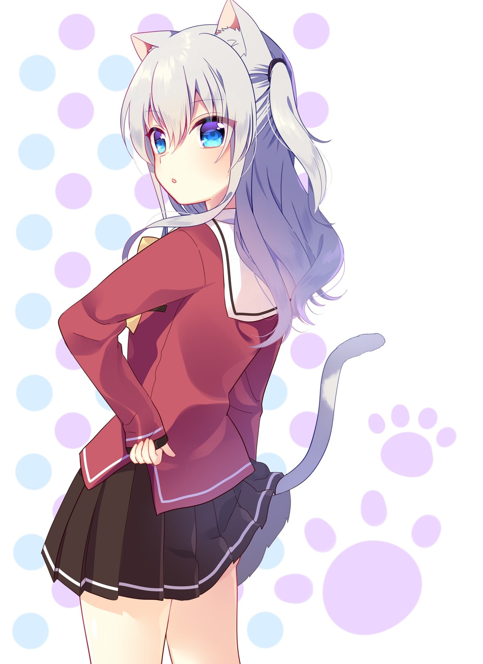 purple, Charlotte (anime), young adult, standing, clothing, portrait, fashion, animal ears, human body part, long hair, cartoon, tail, anime, Tomori Nao, Phone HD Wallpaper